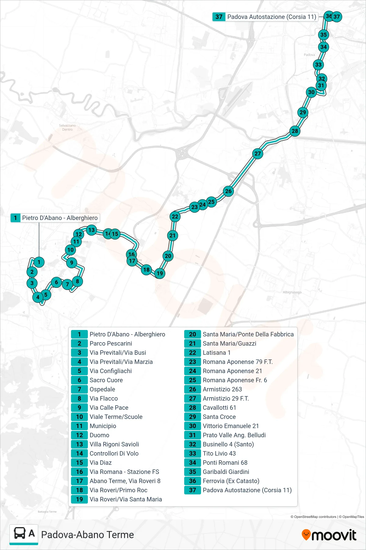 Linea A tram (Abano Scuola Alberghiera > Padova Autostazione) - Percorsi e fermate sulla mappa