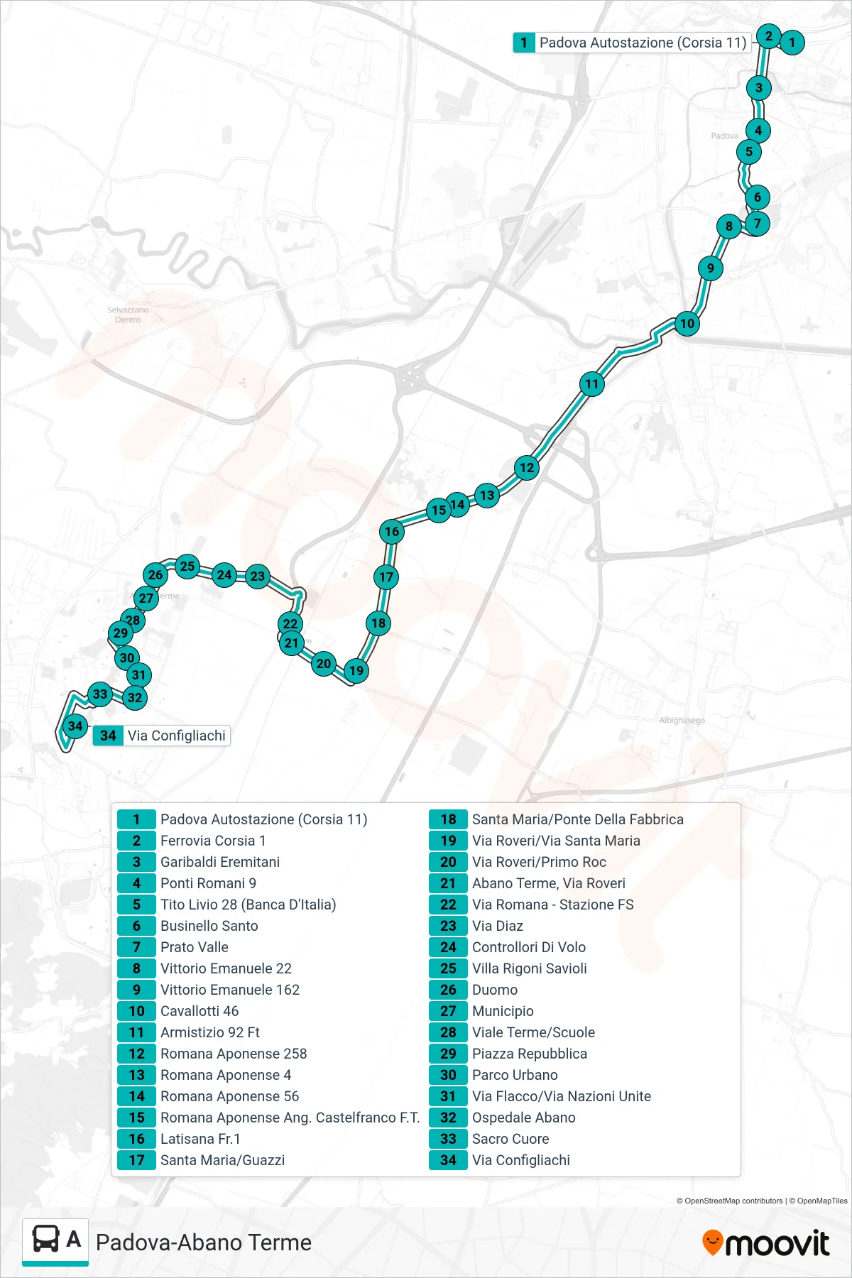 Linea A tram (Padova Autostazione > Giarre > Abano Configliachi) - Percorsi e fermate sulla mappa