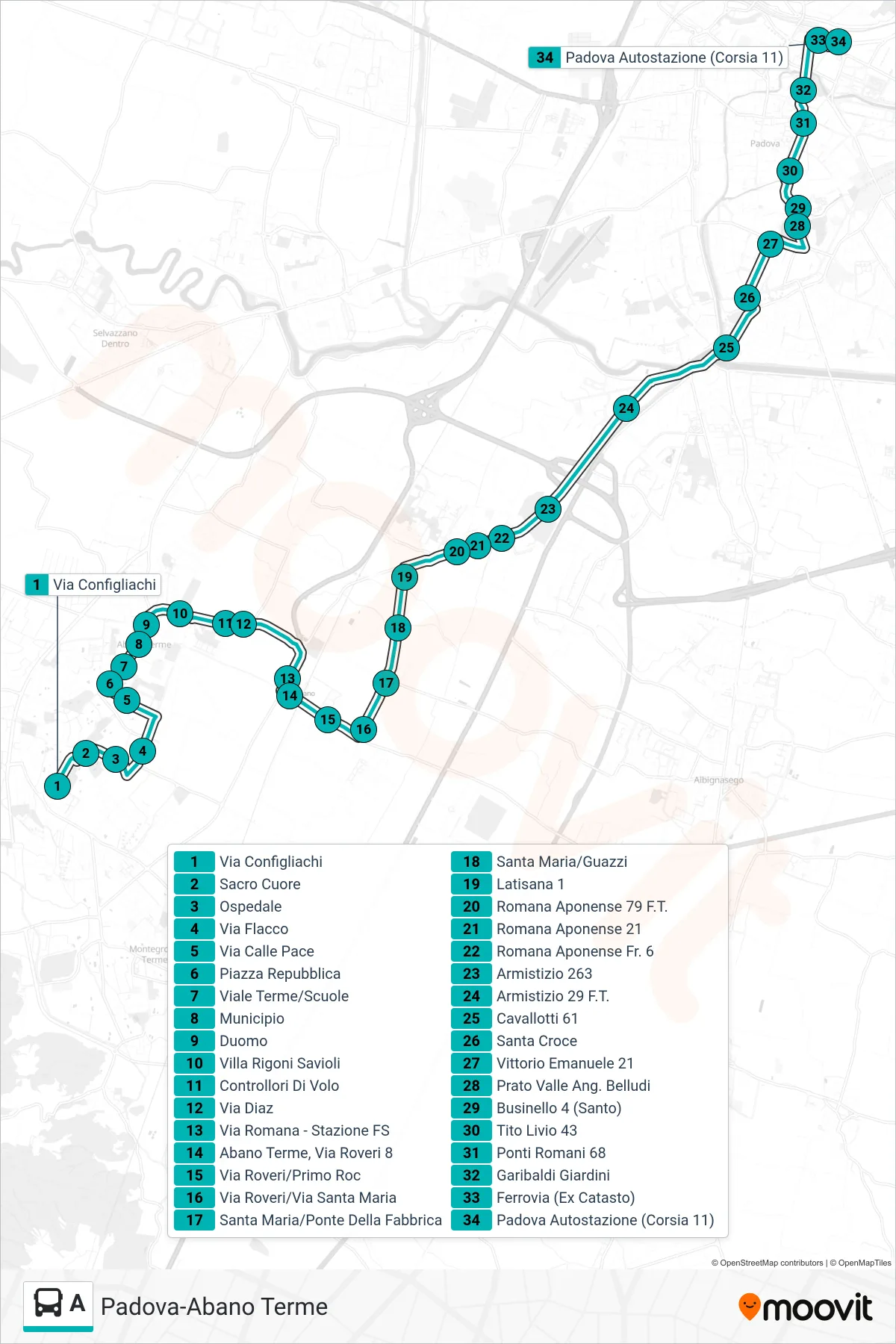 Linea A tram (Abano Configliachi > Padova Autostazione) - Percorsi e fermate sulla mappa