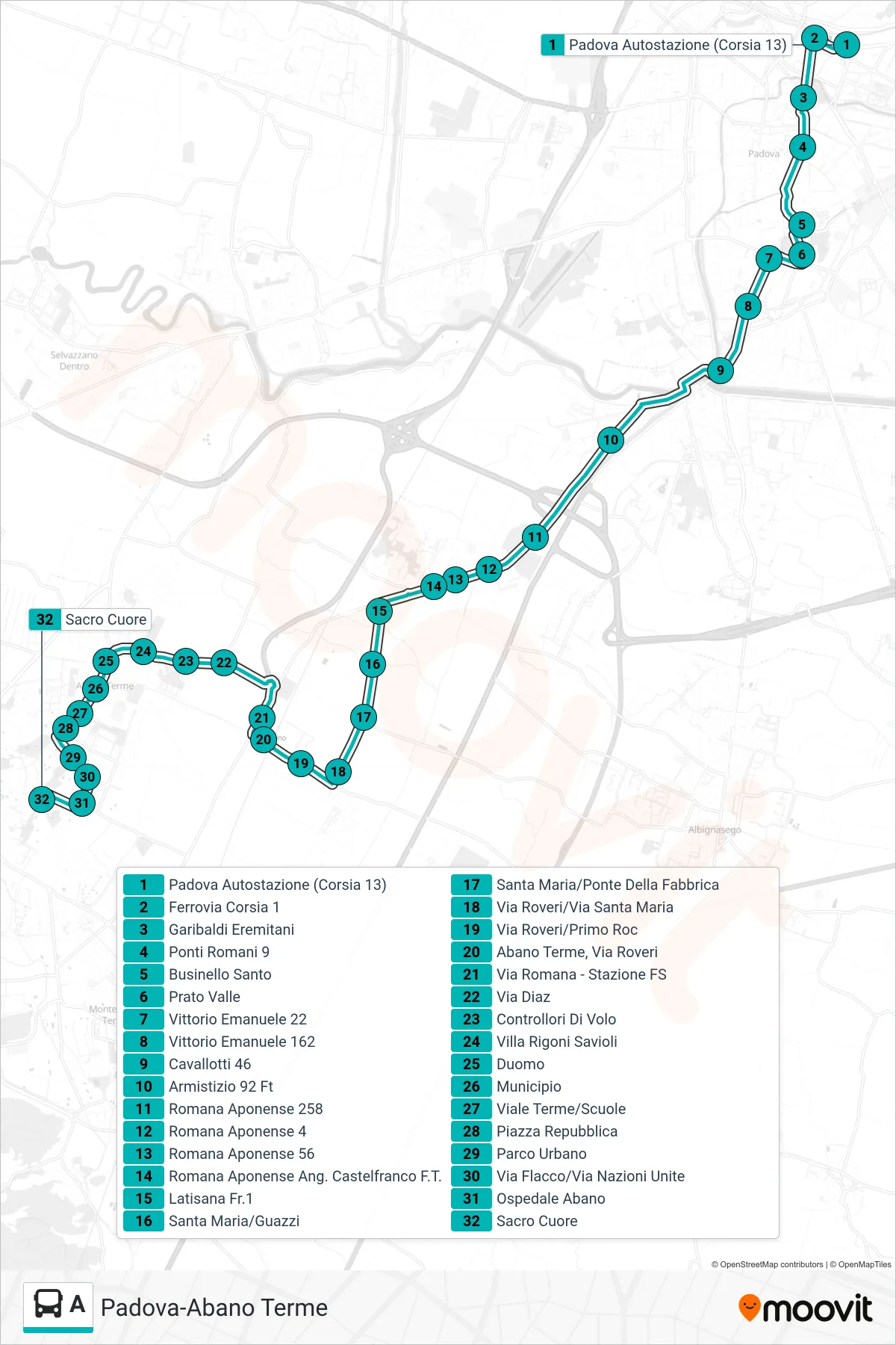 Linea A tram (Padova Autostazione > Abano Sacro Cuore) - Percorsi e fermate sulla mappa