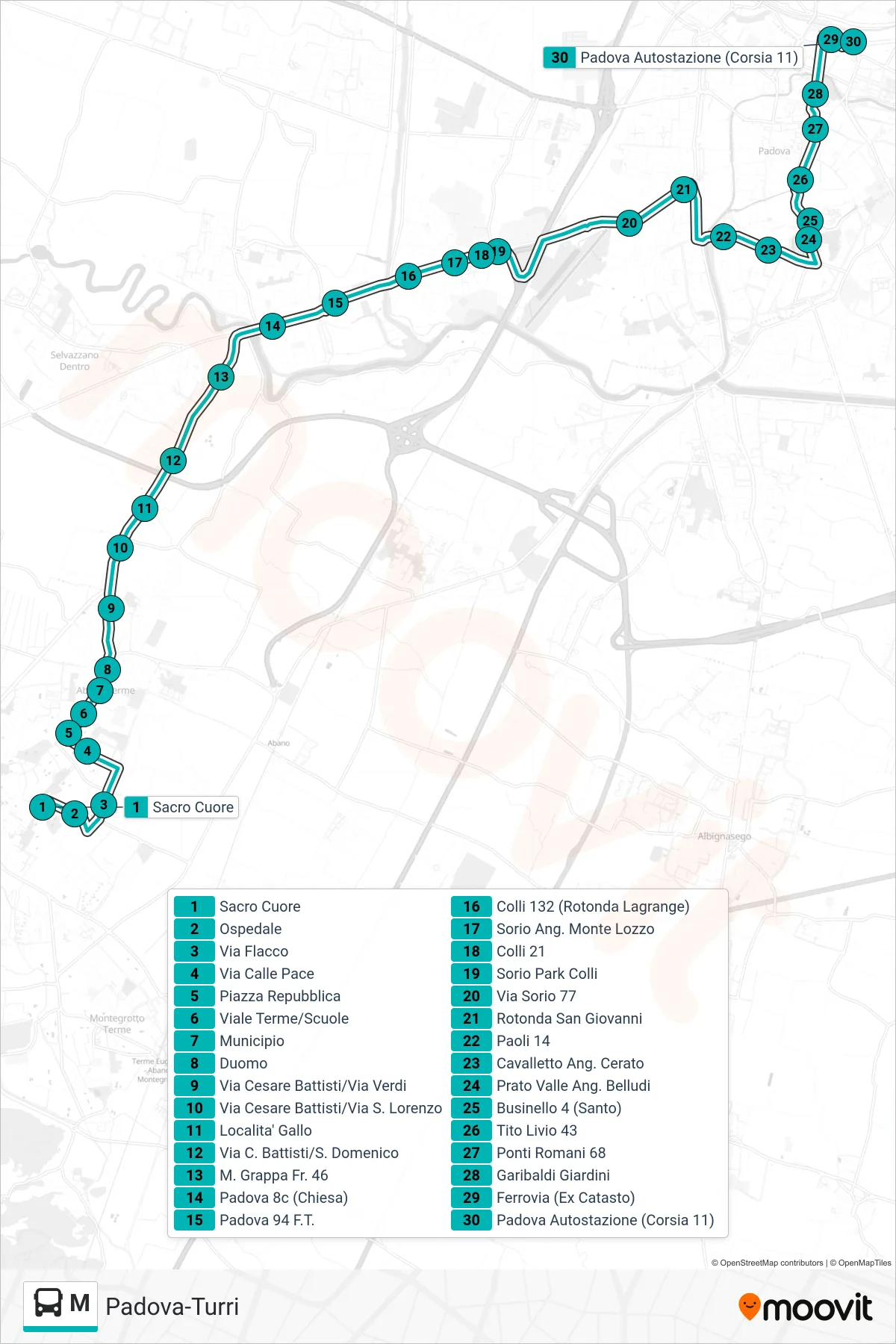 Linea M tram (Abano Sacro Cuore > Padova Autostazione) - Percorsi e fermate sulla mappa