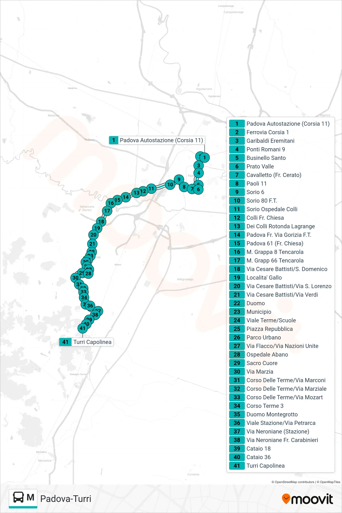 Linea M  tram (Padova Autostazione > Turri Capolinea) - Percorsi e fermate sulla mappa