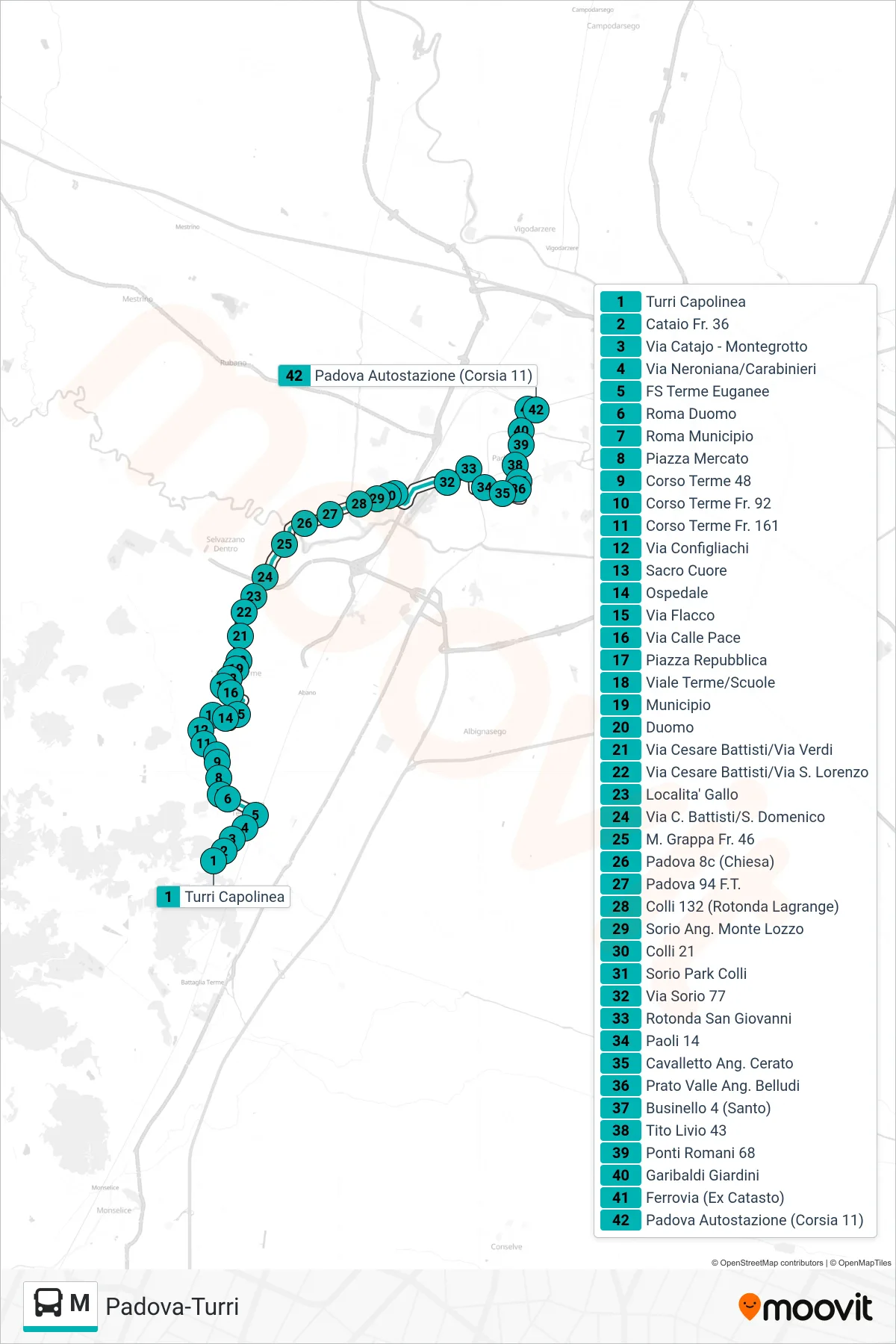 Linea M  tram (Turri Capolinea > Padova Autostazione) - Percorsi e fermate sulla mappa