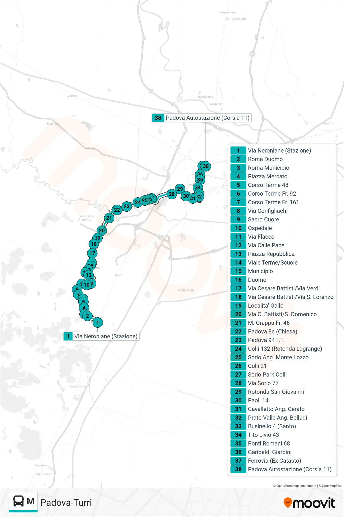 Linea M  tram (Montegrotto Terme > Padova Autostazione) - Percorsi e fermate sulla mappa