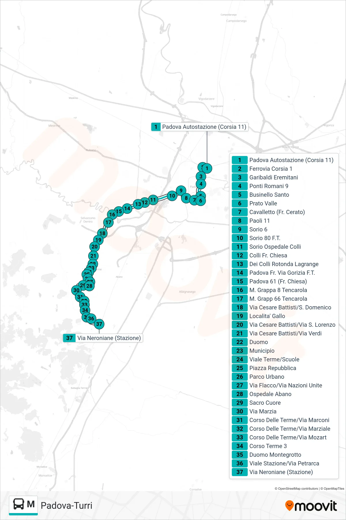 Linea M tram (Padova Autostazione > Montegrotto Terme) - Percorsi e fermate sulla mappa
