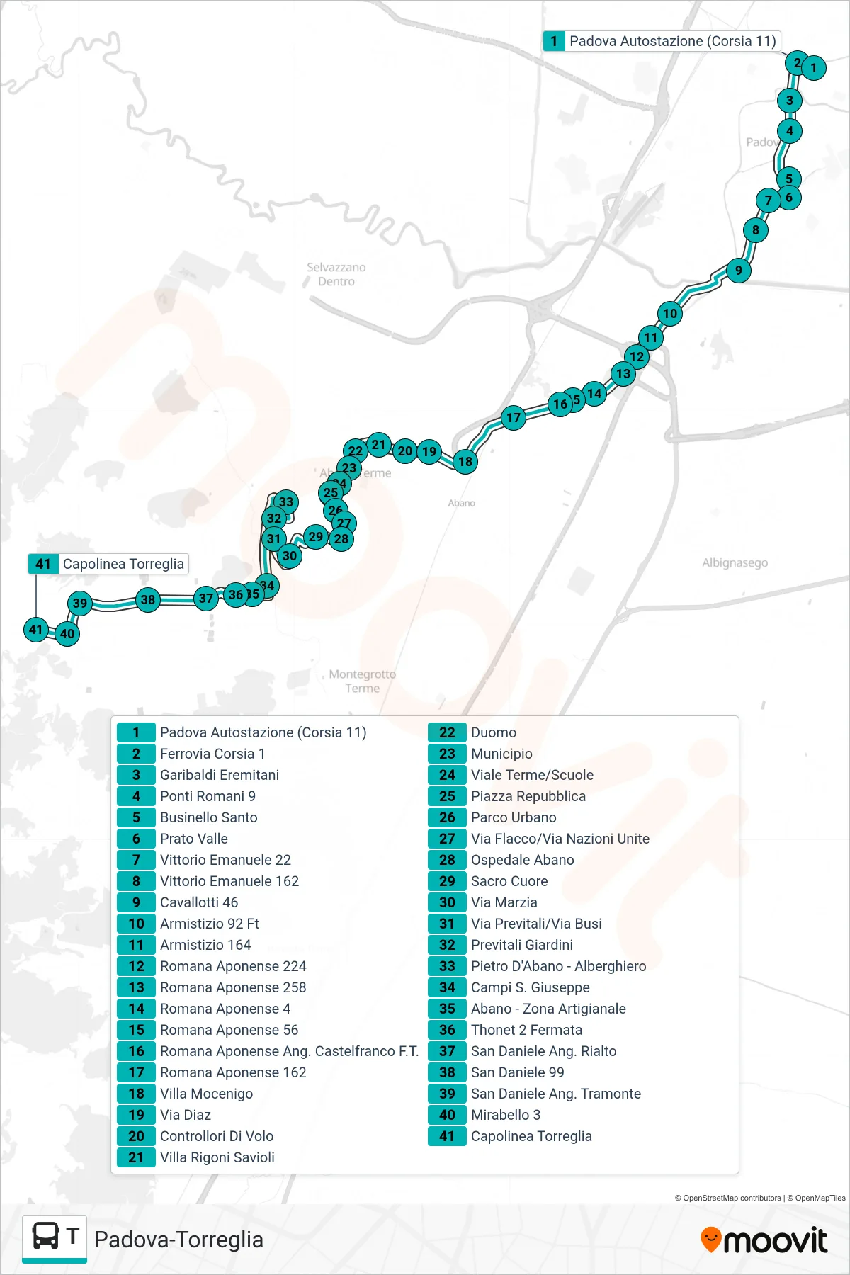 Linea T  tram (Padova > Mandria San Daniele > Torreglia) - Percorsi e fermate sulla mappa