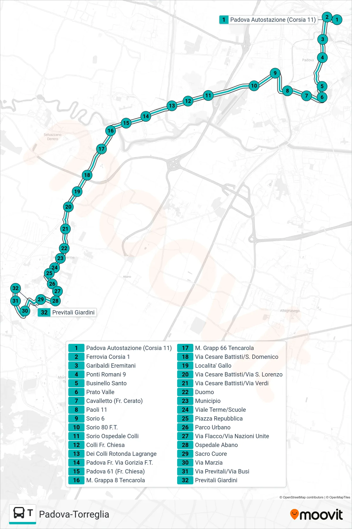 Linea T tram (Padova Autostazione > Tencarola > Abano Previtali) - Percorsi e fermate sulla mappa