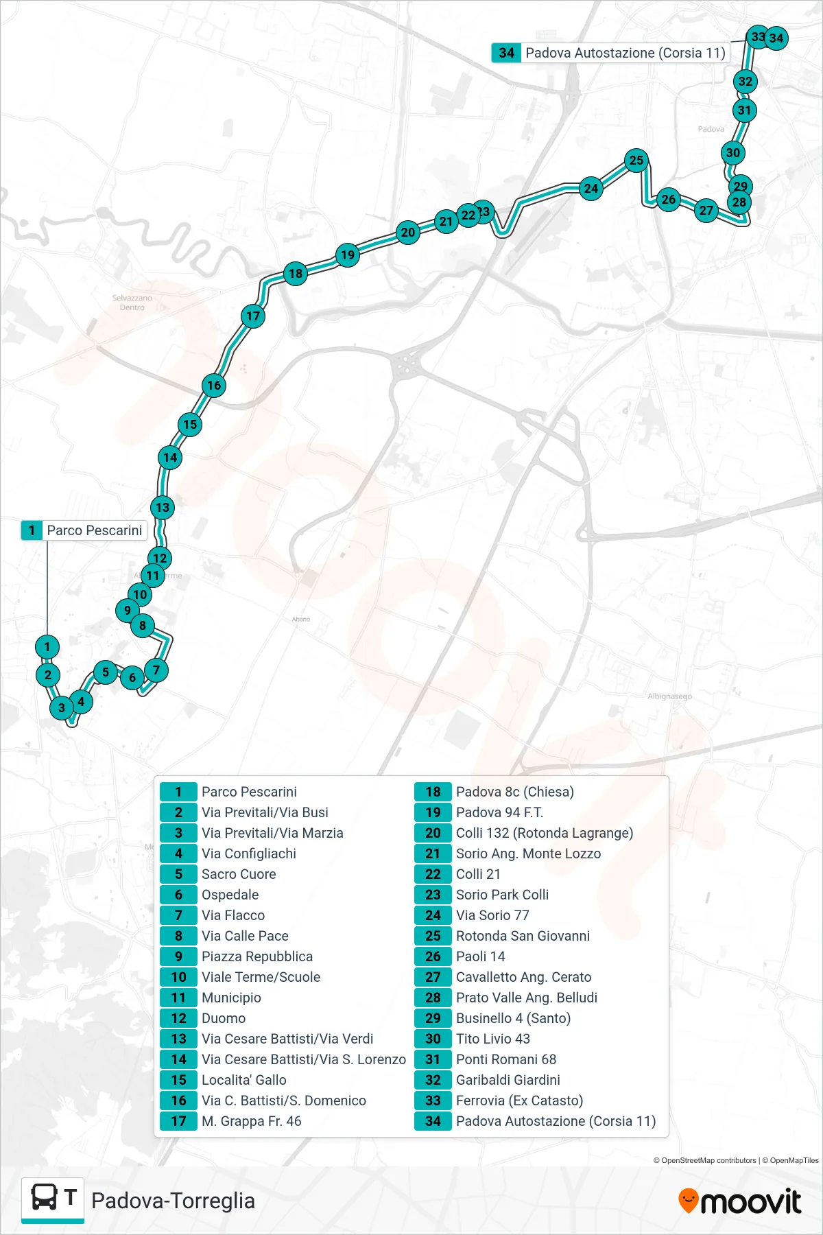 Linea T tram (Abano Previtali > Padova Autostazione) - Percorsi e fermate sulla mappa