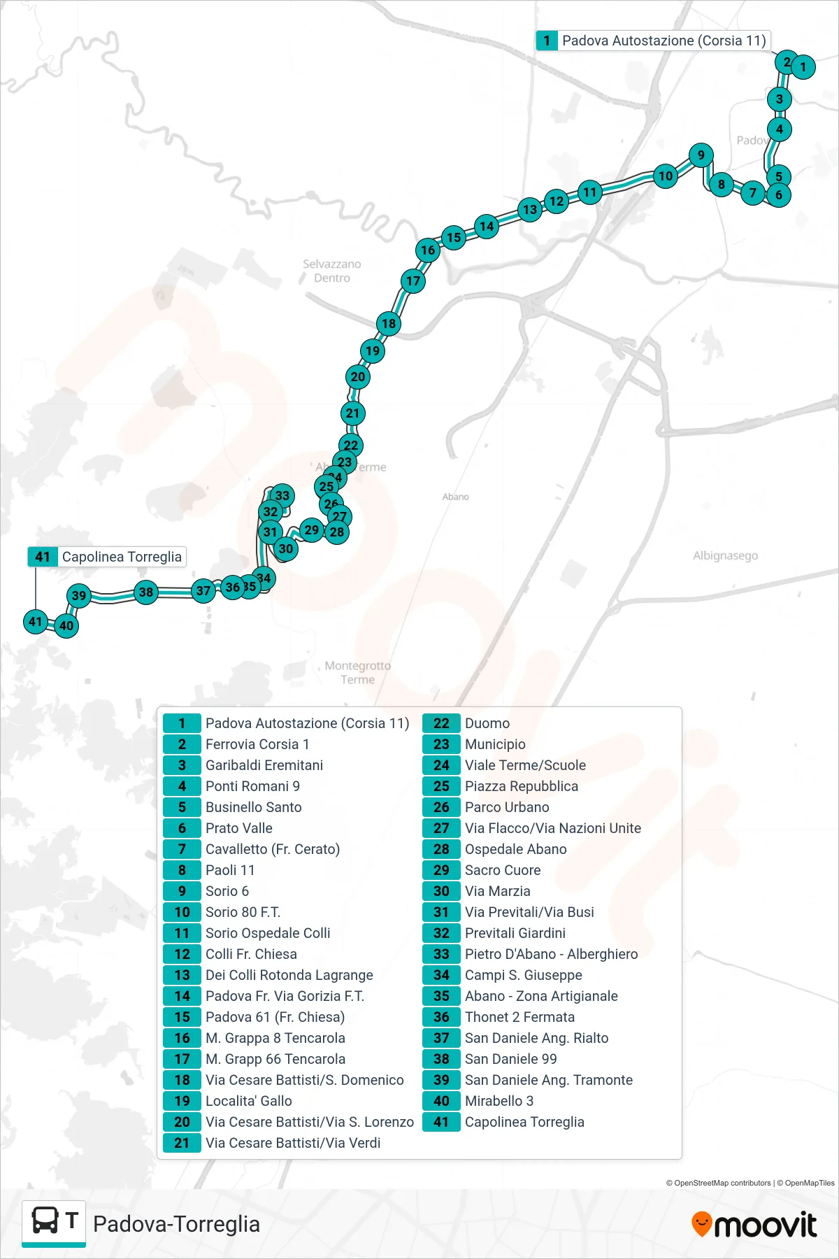 Linea T  tram (Padova Autostazione > Tencarola > Torreglia) - Percorsi e fermate sulla mappa