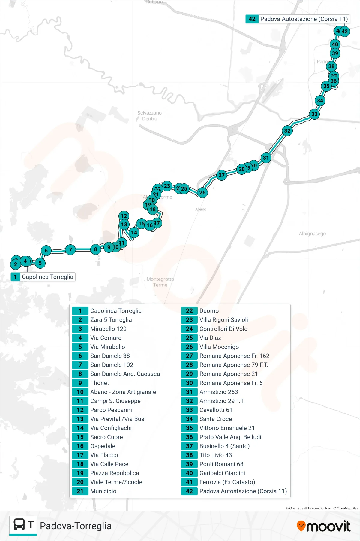 Linea T  tram (Torreglia > Mandria San Daniele > Padova Autostazione) - Percorsi e fermate sulla mappa
