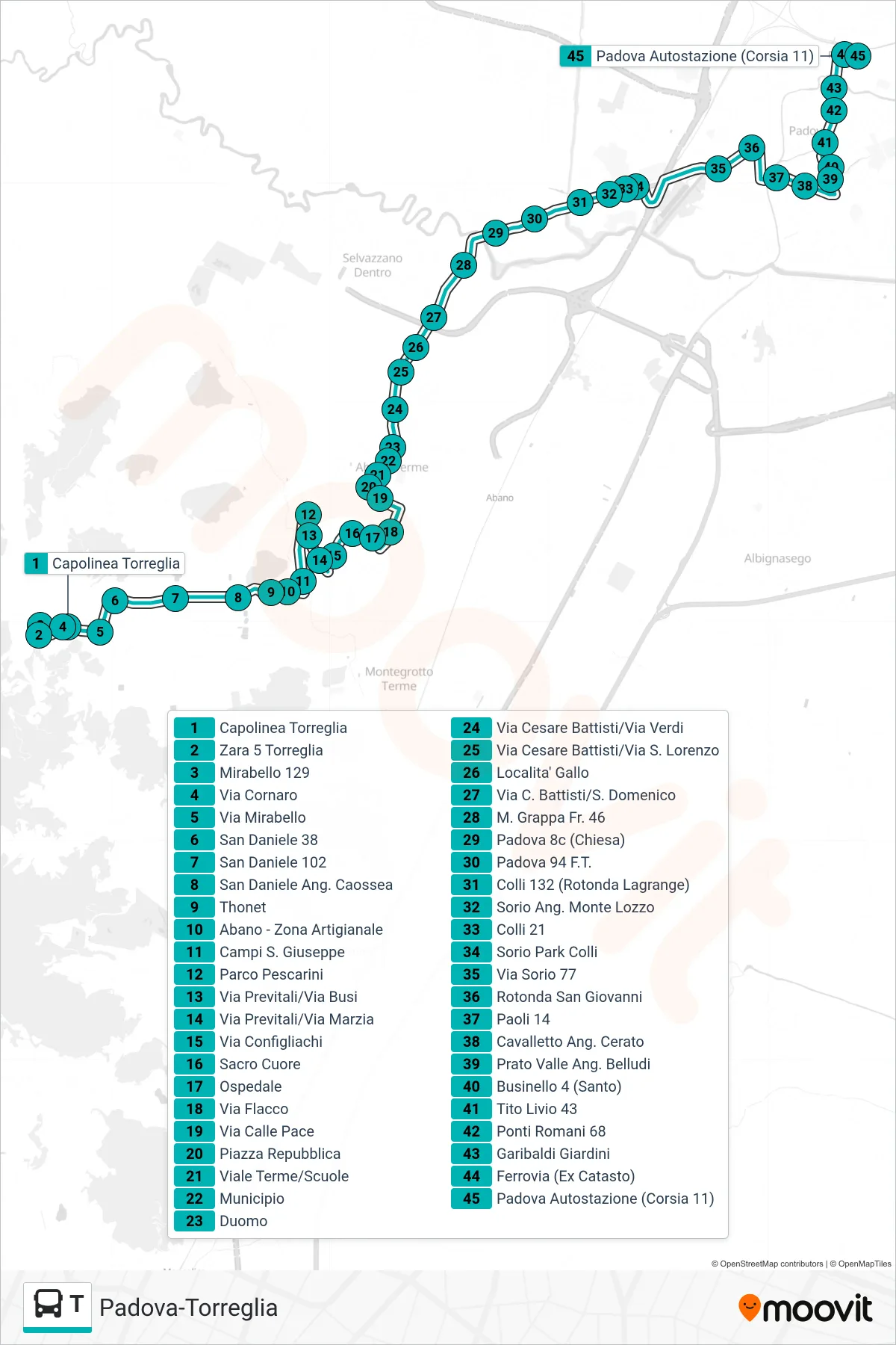 Linea T  tram (Torreglia > Tencarola > Padova Autostazione) - Percorsi e fermate sulla mappa