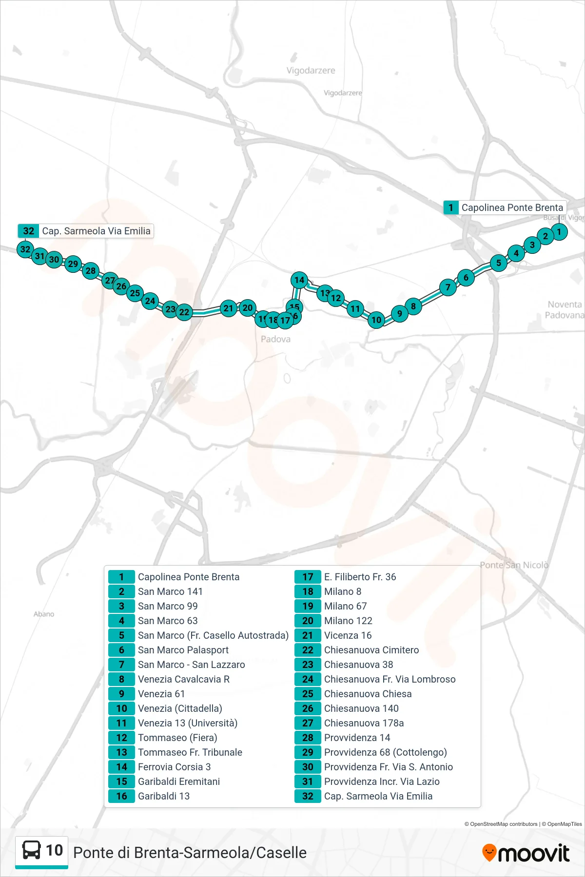 Linea 10  tram (Ponte di Brenta > Capolinea Sarmeola) - Percorsi e fermate sulla mappa