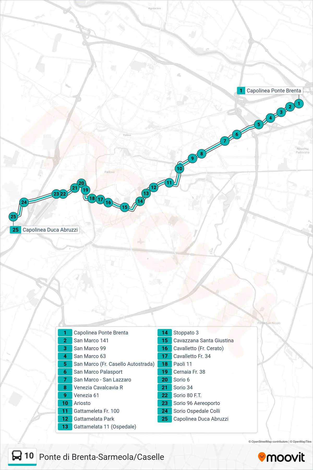 Linea 10 tram (Capolinea Ponte Brenta > Cavazzana S.Giustina > Duca Abruzzi) - Percorsi e fermate sulla mappa