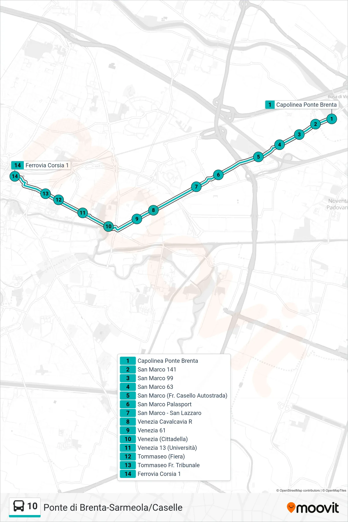 Linea 10  tram (Capolinea Ponte di Brenta > Ferrovia Corsia 1) - Percorsi e fermate sulla mappa