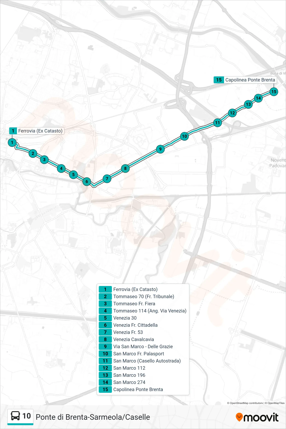 Linea 10 tram (Ferrovia (Ex Catasto) > Capolinea Ponte di Brenta) - Percorsi e fermate sulla mappa