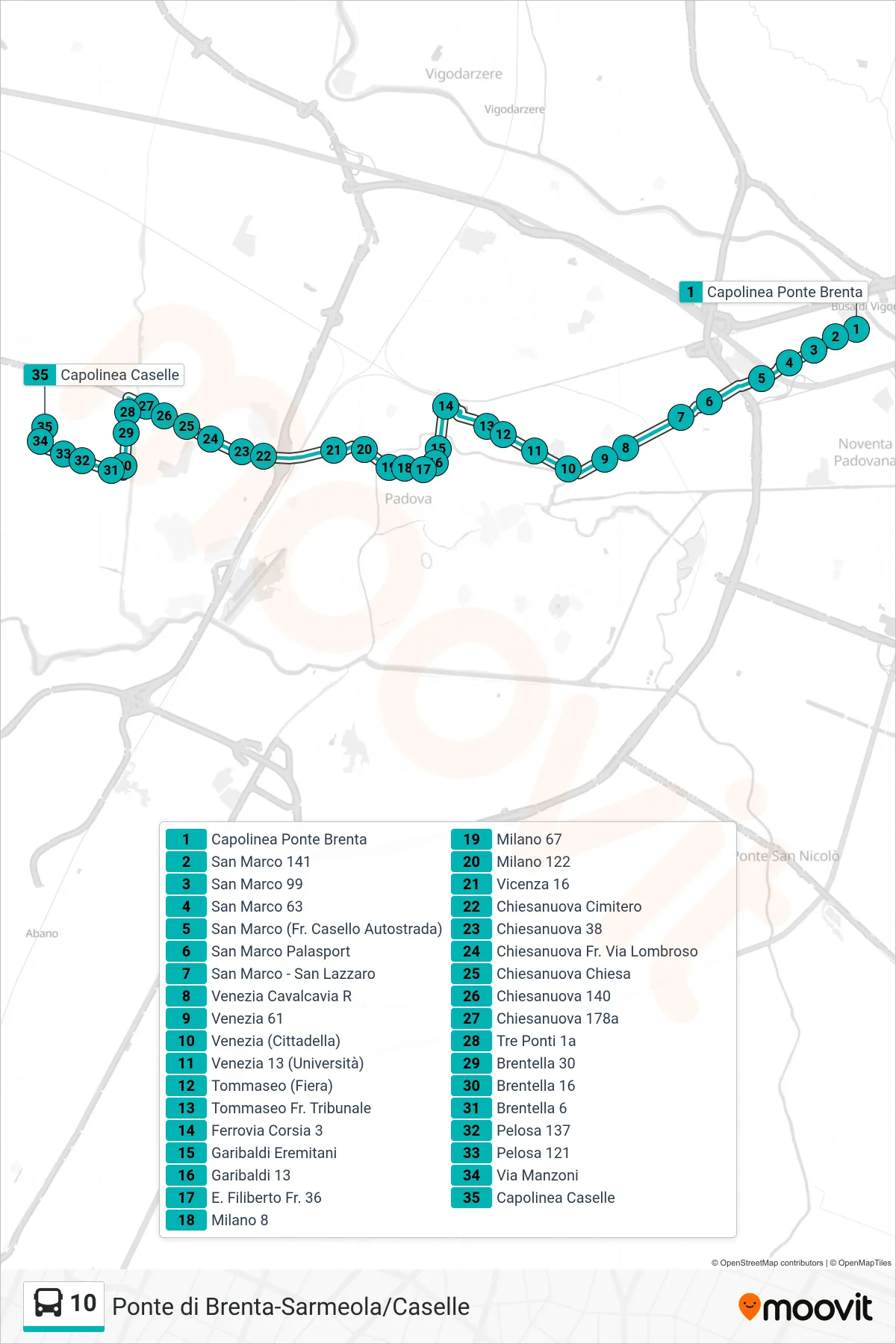 Linea 10 tram (Ponte di Brenta > Capolinea Caselle) - Percorsi e fermate sulla mappa