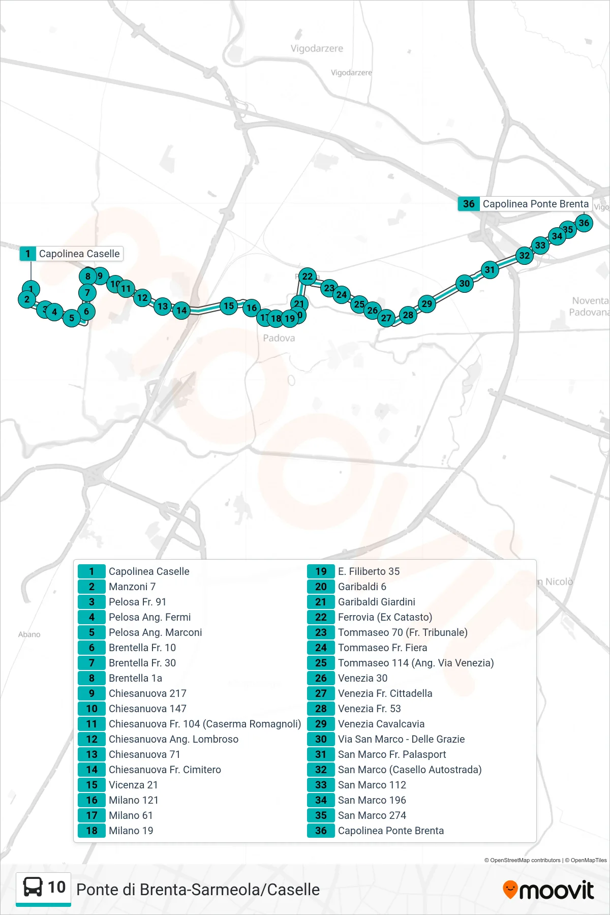 Linea 10 tram (Caselle > Capolinea Ponte di Brenta) - Percorsi e fermate sulla mappa