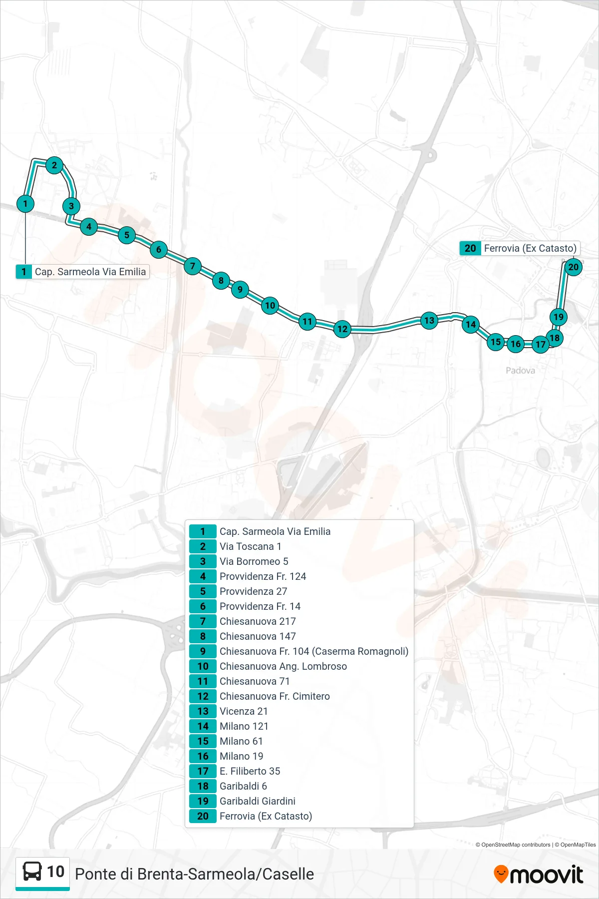 Linea 10  tram (Capolinea Sarmeola > Ferrovia (Ex Catasto)) - Percorsi e fermate sulla mappa