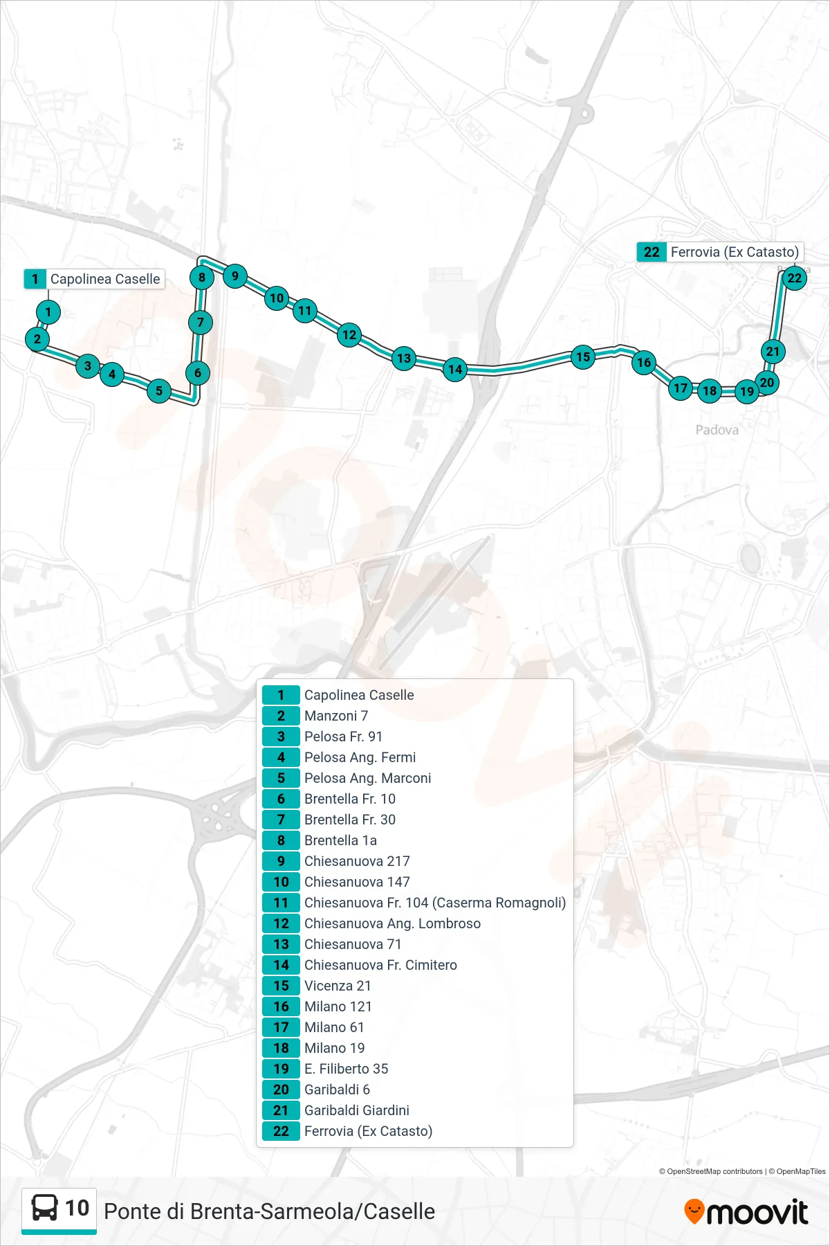 Linea 10 tram (Capolinea Caselle > Ferrovia (Ex Catasto)) - Percorsi e fermate sulla mappa