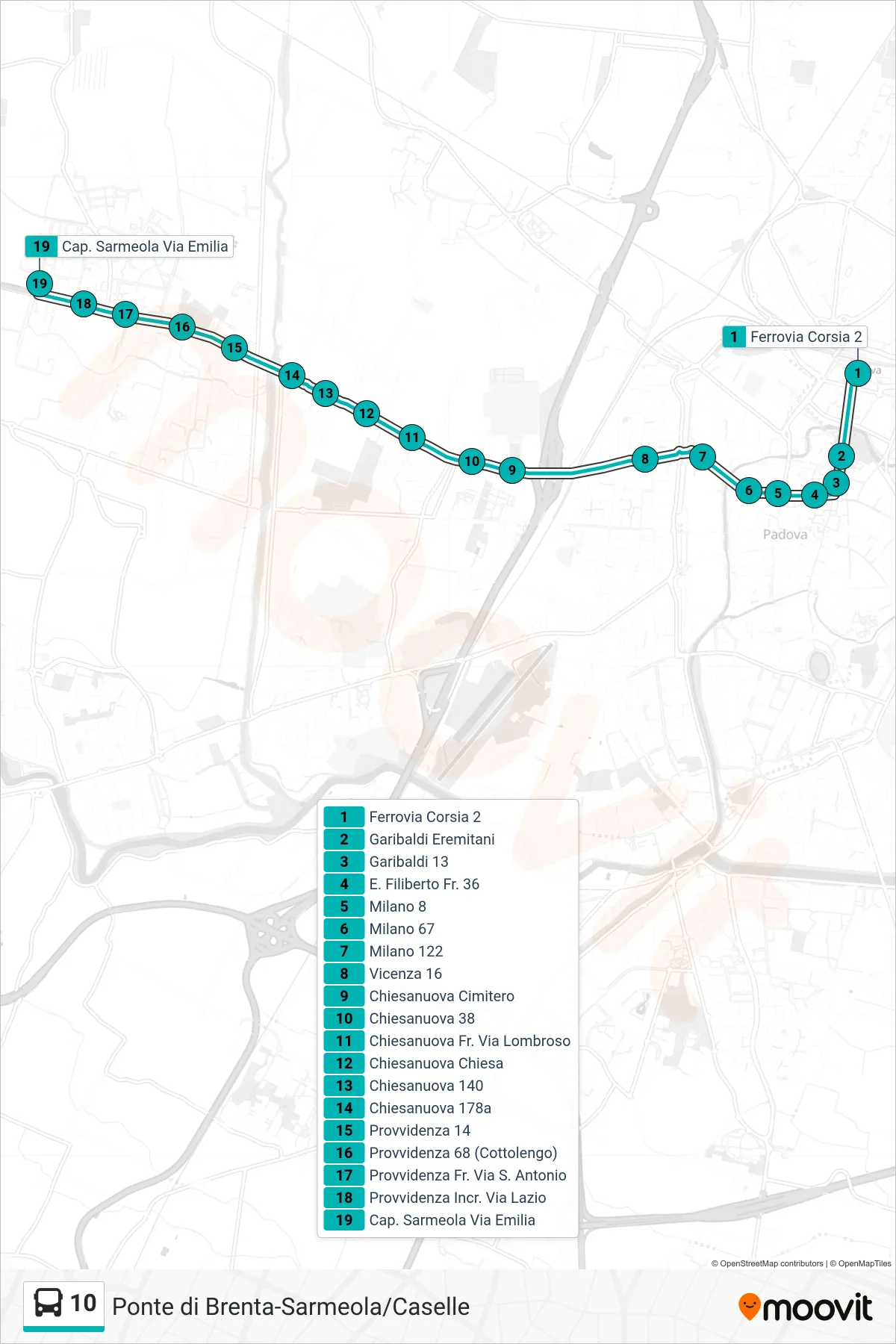 Linea 10  tram (Ferrovia > Capolinea Sarmeola) - Percorsi e fermate sulla mappa