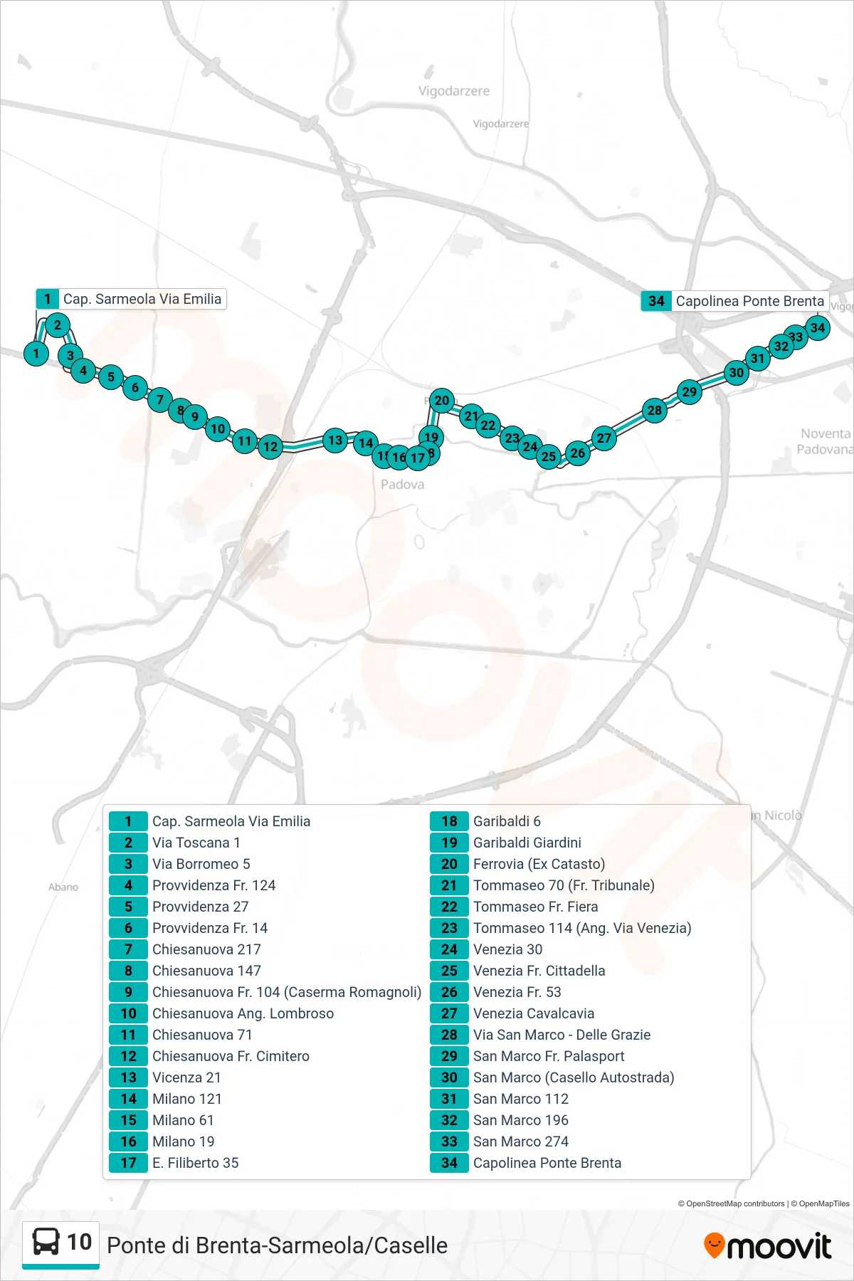 Linea 10  tram (Sarmeola > Capolinea Ponte di Brenta) - Percorsi e fermate sulla mappa