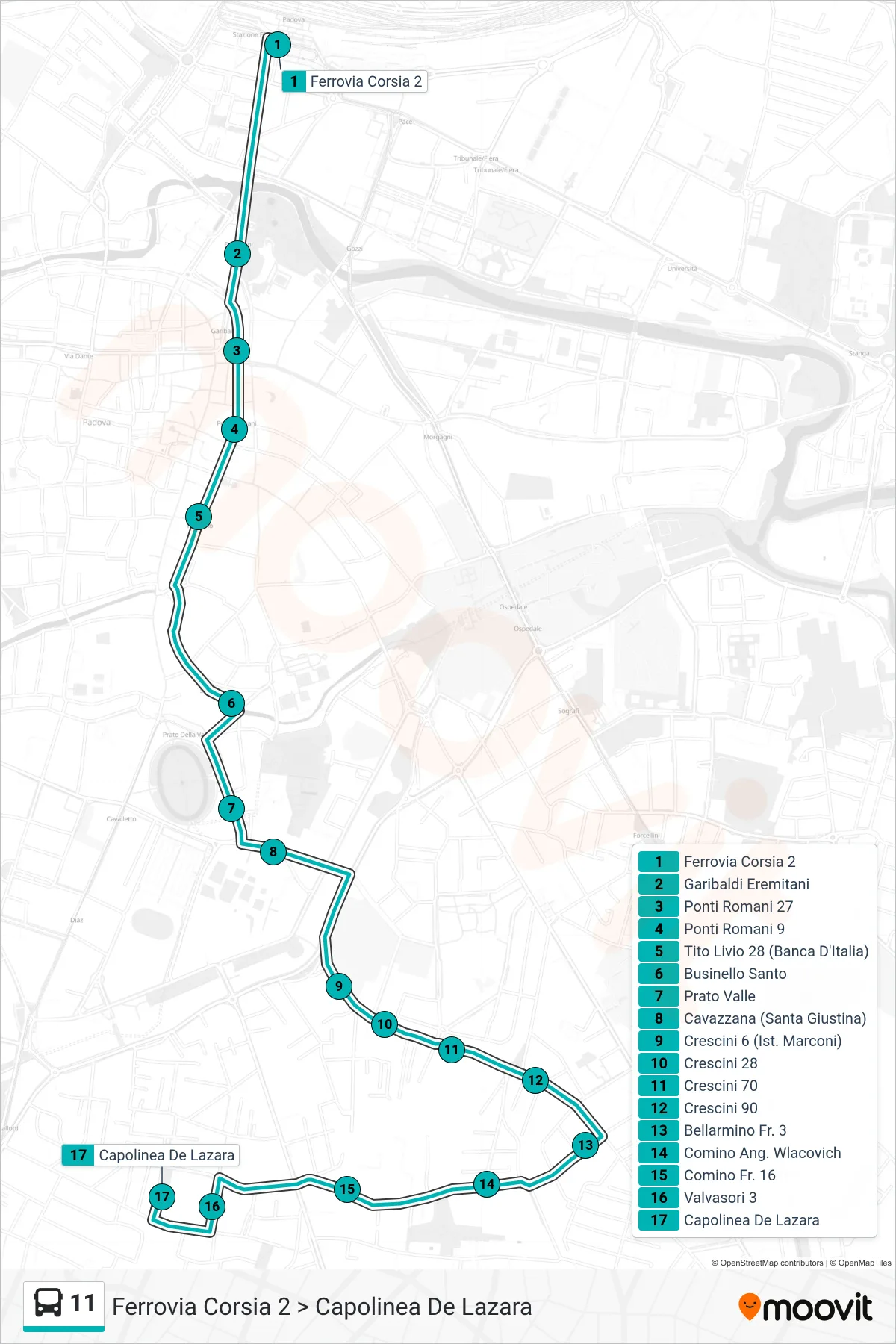 Linea 11  tram (Ferrovia Corsia 2 > Capolinea De Lazara) - Percorsi e fermate sulla mappa