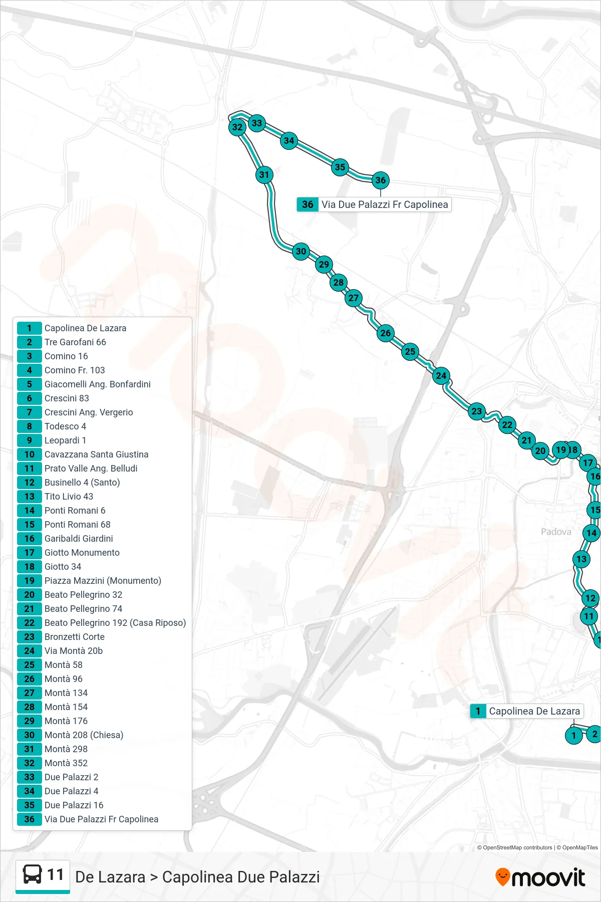 Linea 11  tram (De Lazara > Capolinea Due Palazzi) - Percorsi e fermate sulla mappa