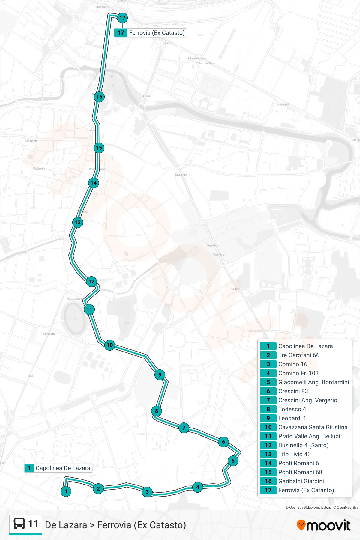 Linea 11 tram (De Lazara > Ferrovia (Ex Catasto)) - Percorsi e fermate sulla mappa