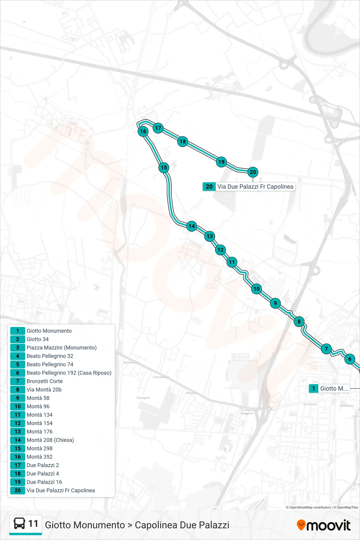 Linea 11 tram (Giotto Monumento > Capolinea Due Palazzi) - Percorsi e fermate sulla mappa