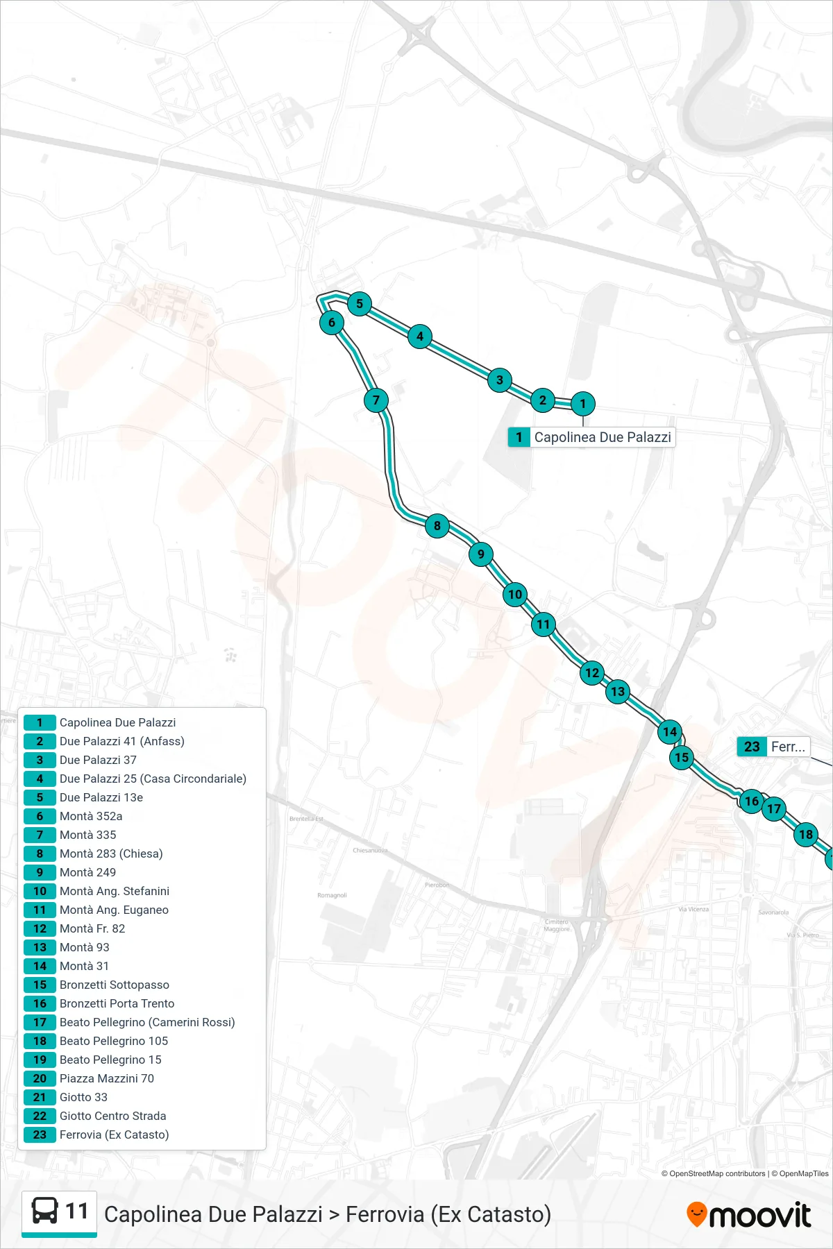 Linea 11 tram (Capolinea Due Palazzi > Ferrovia (Ex Catasto)) - Percorsi e fermate sulla mappa