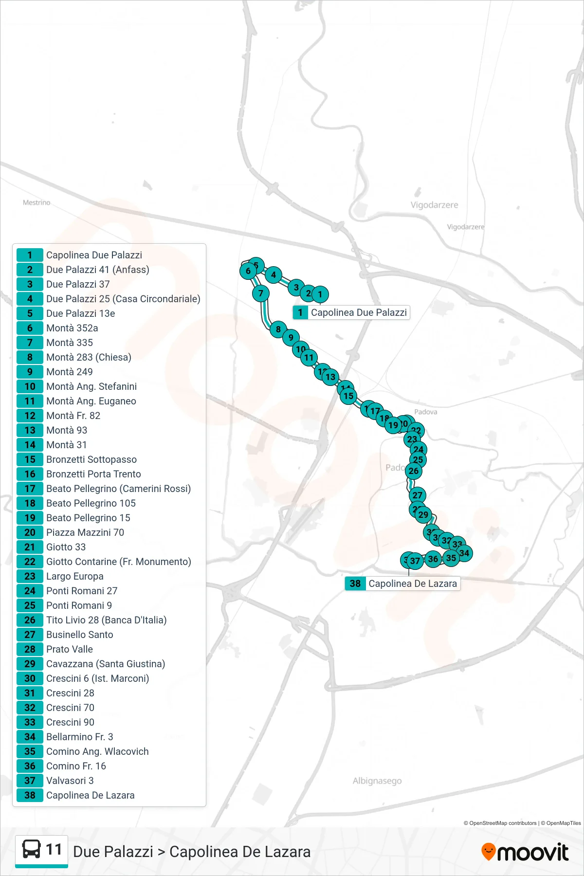 Linea 11  tram (Due Palazzi > Capolinea De Lazara) - Percorsi e fermate sulla mappa