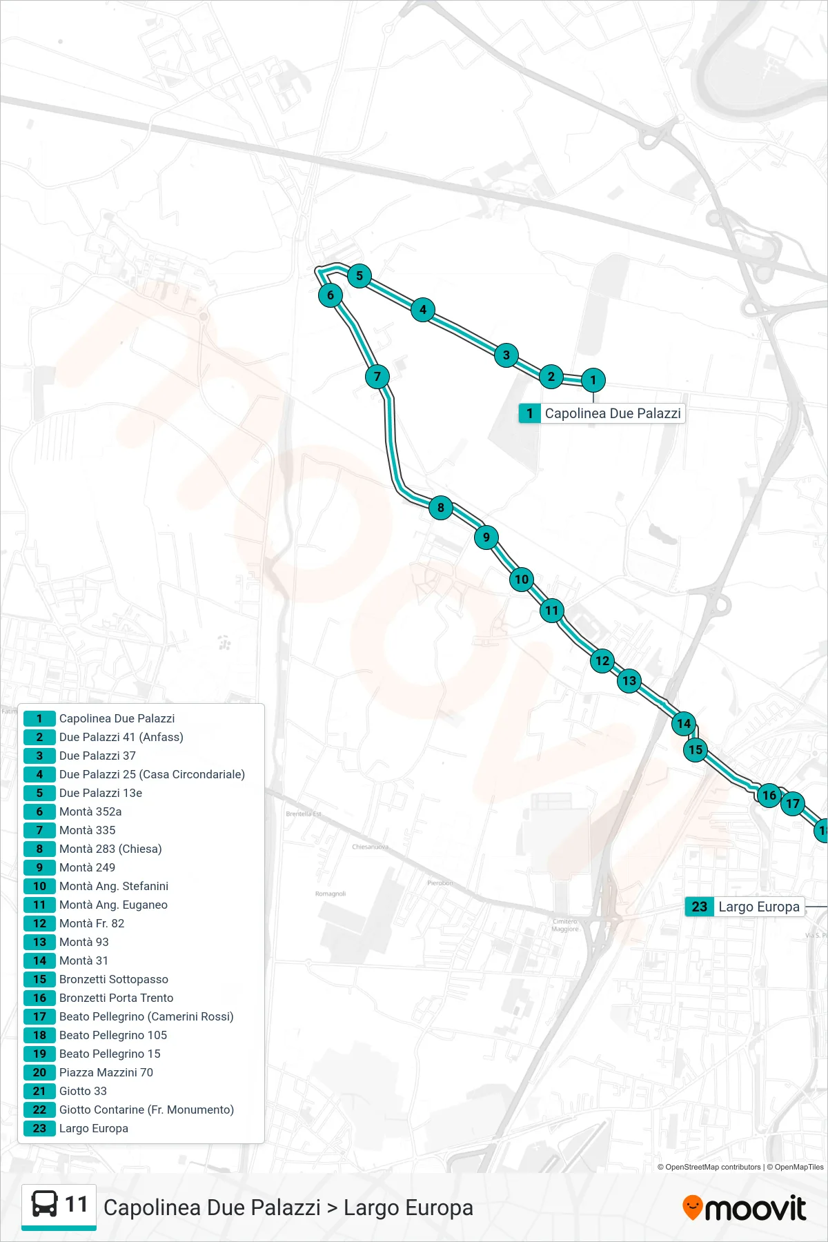 Linea 11  tram (Capolinea Due Palazzi > Largo Europa) - Percorsi e fermate sulla mappa