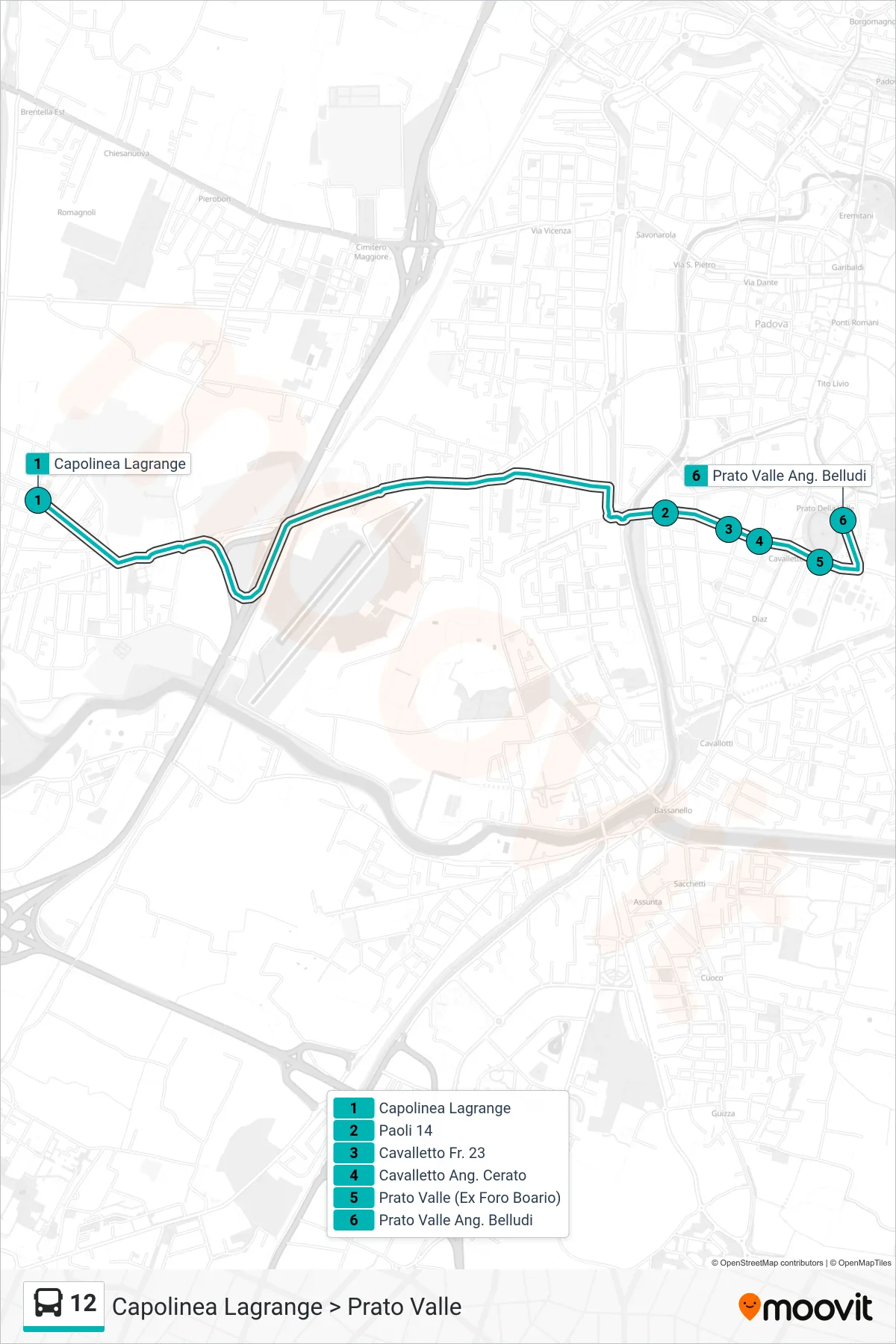 Linea 12 tram (Capolinea Lagrange > Prato Valle) - Percorsi e fermate sulla mappa