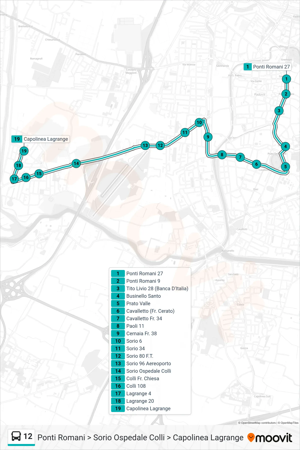 Linea 12 tram (Ponti Romani > Sorio Ospedale Colli > Capolinea Lagrange) - Percorsi e fermate sulla mappa