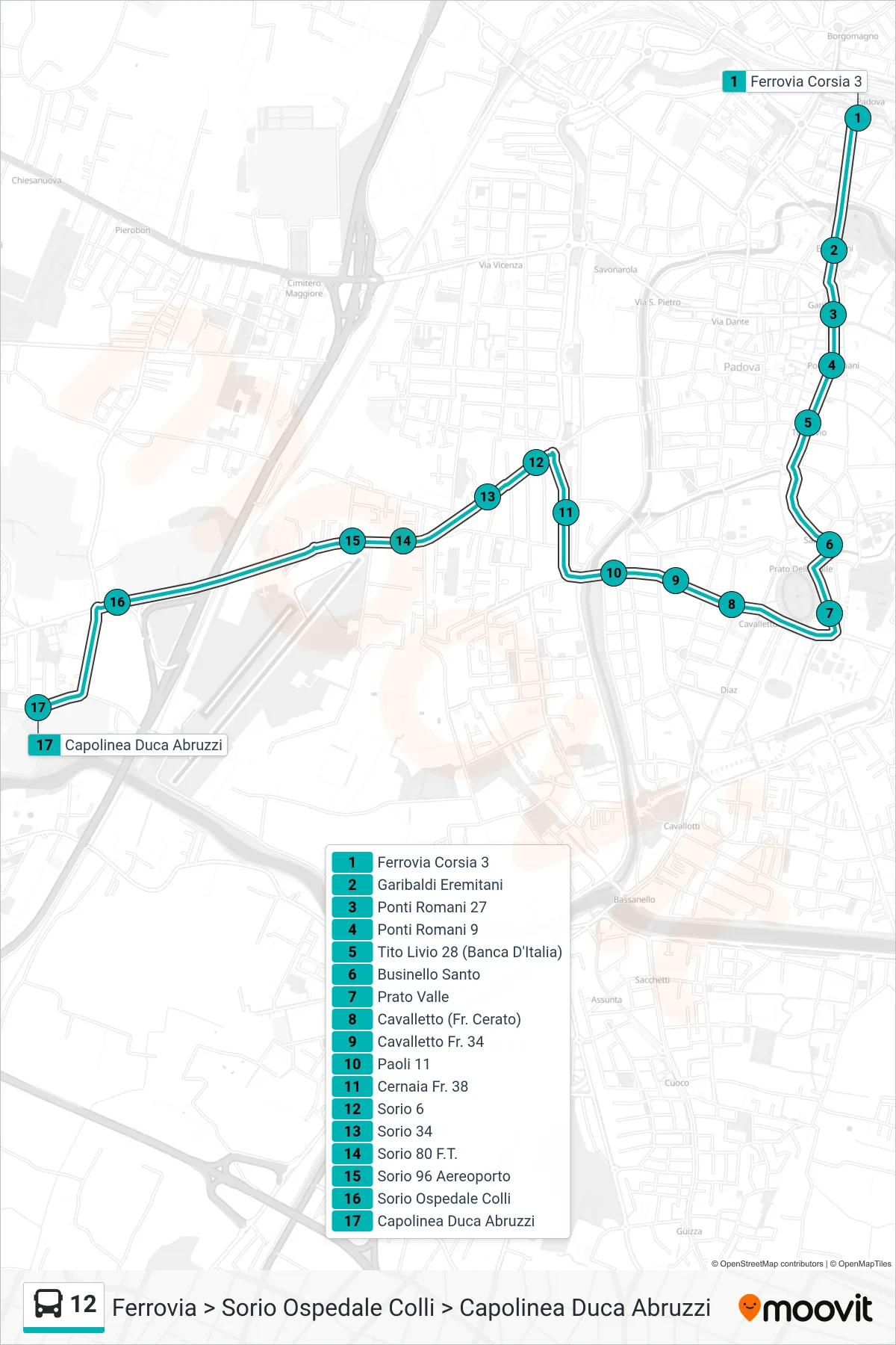 Linea 12 tram (Ferrovia > Sorio Ospedale Colli > Capolinea Duca Abruzzi) - Percorsi e fermate sulla mappa
