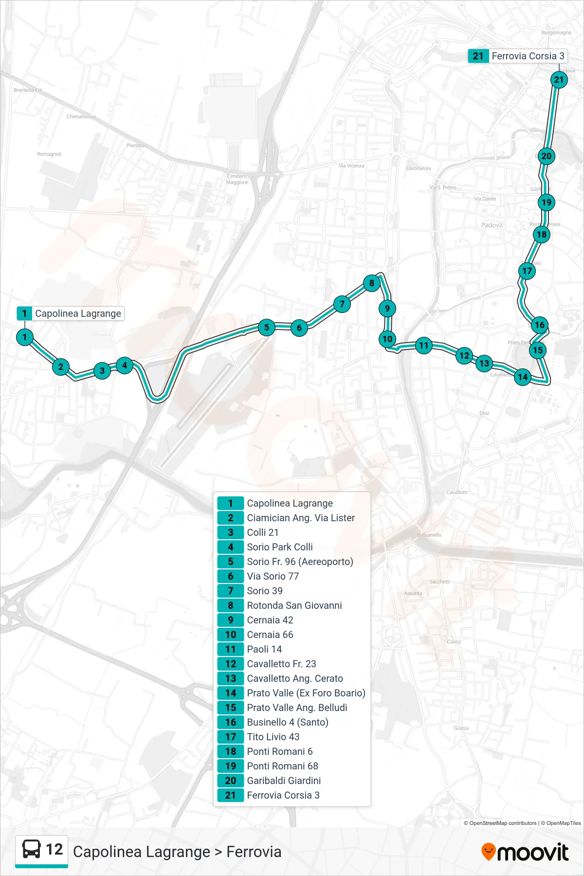 Linea 12 tram (Capolinea Lagrange > Ferrovia) - Percorsi e fermate sulla mappa