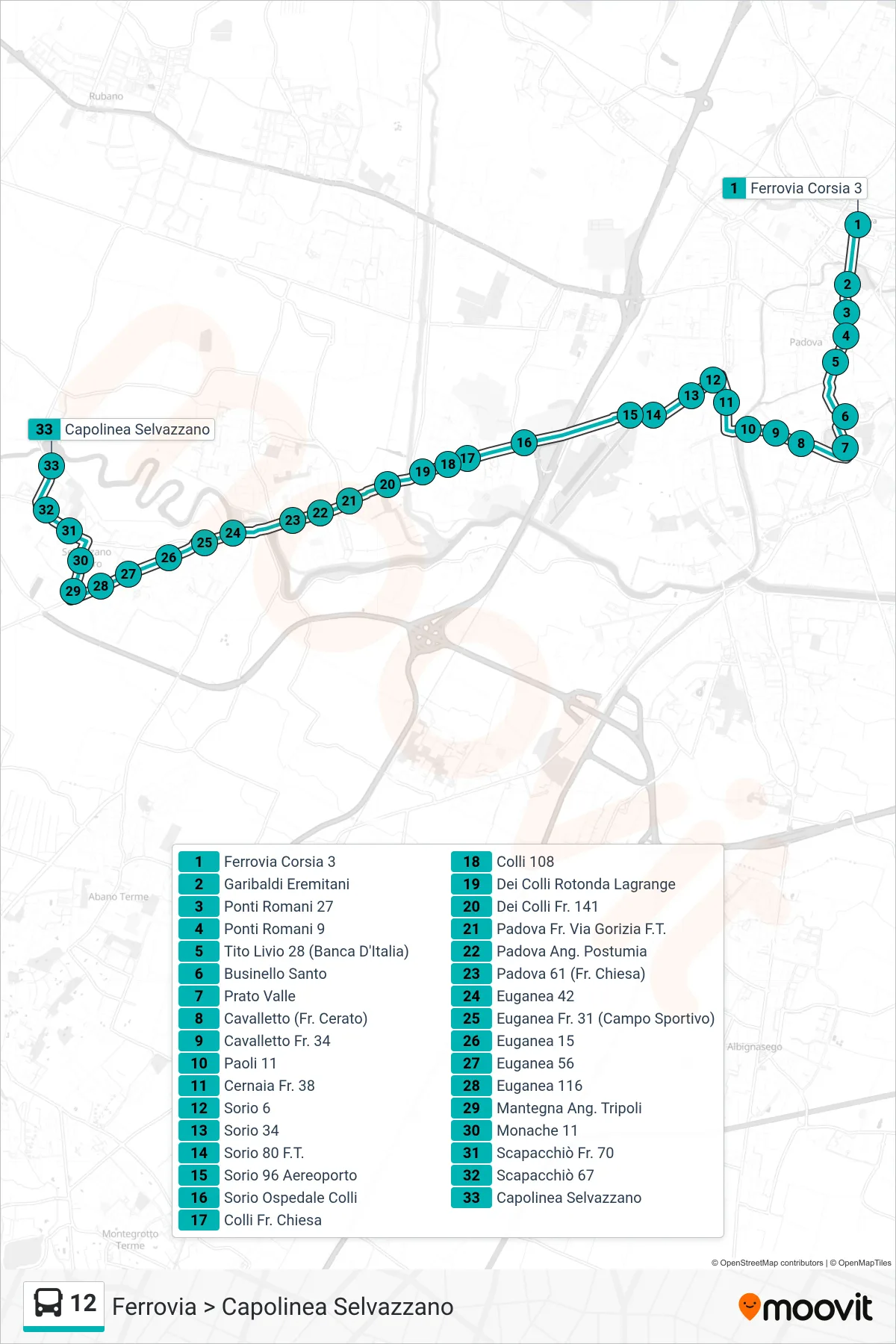 Linea 12  tram (Ferrovia > Capolinea Selvazzano) - Percorsi e fermate sulla mappa