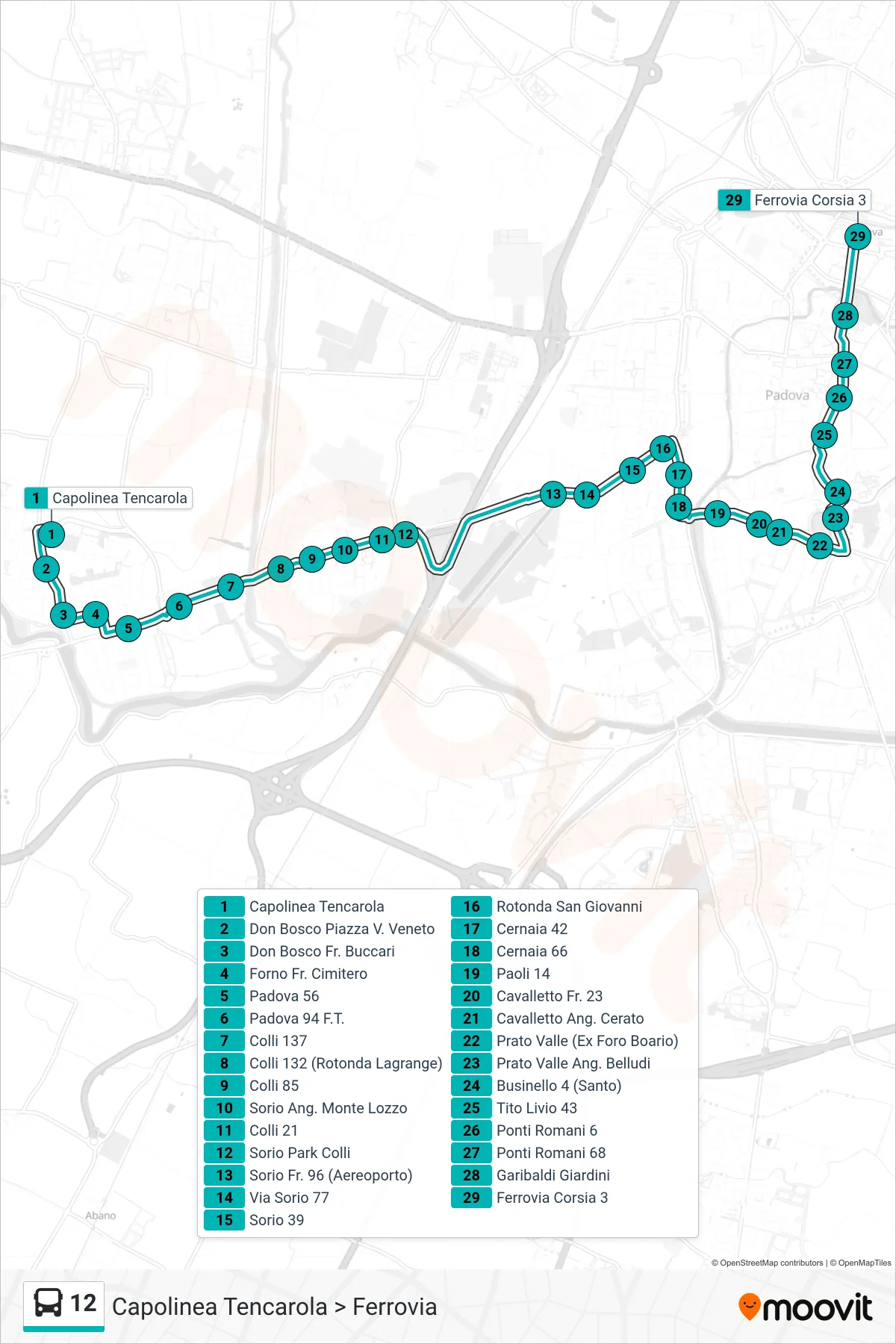 Linea 12  tram (Capolinea Tencarola > Ferrovia) - Percorsi e fermate sulla mappa