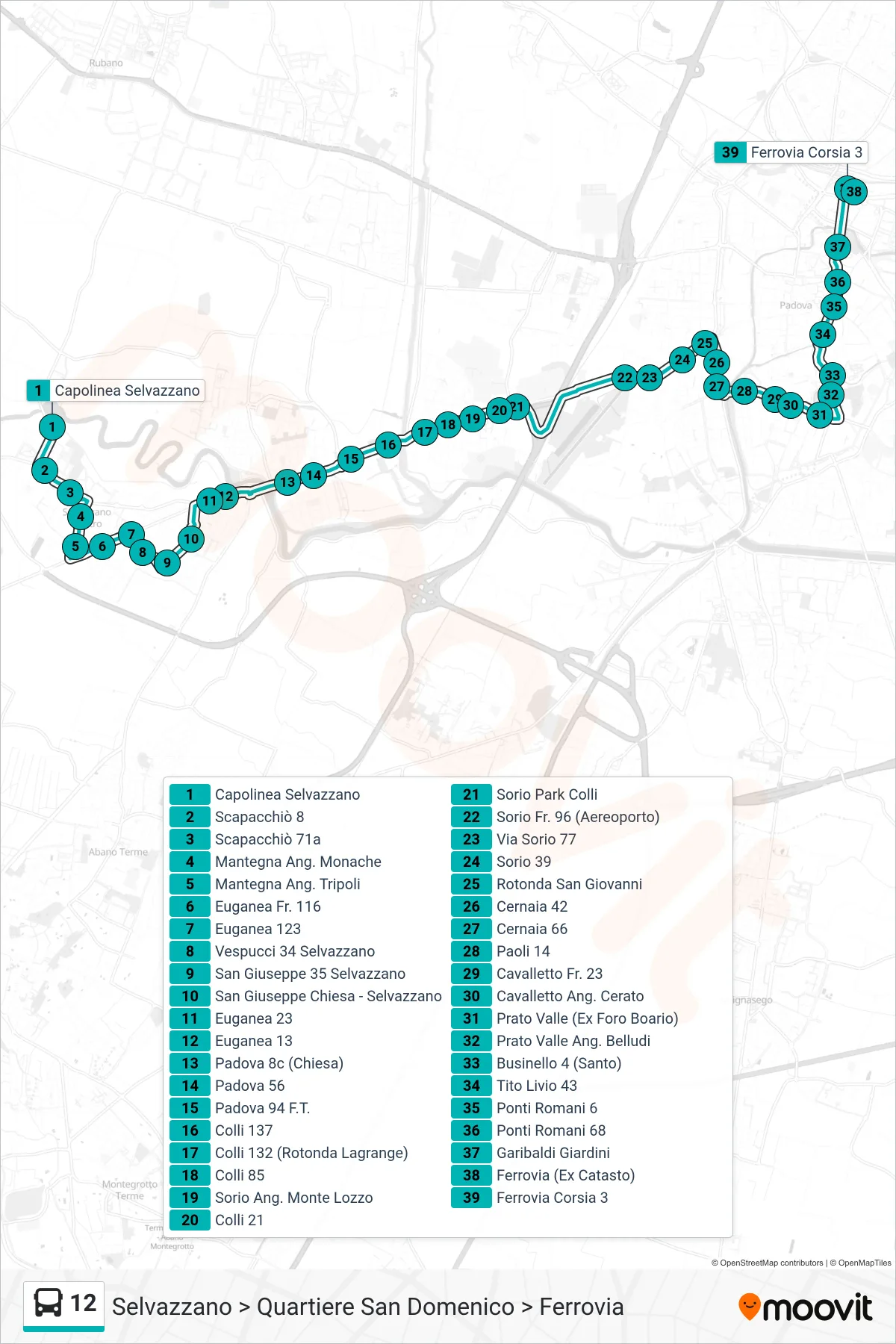 Linea 12  tram (Selvazzano > Quartiere San Domenico > Ferrovia) - Percorsi e fermate sulla mappa