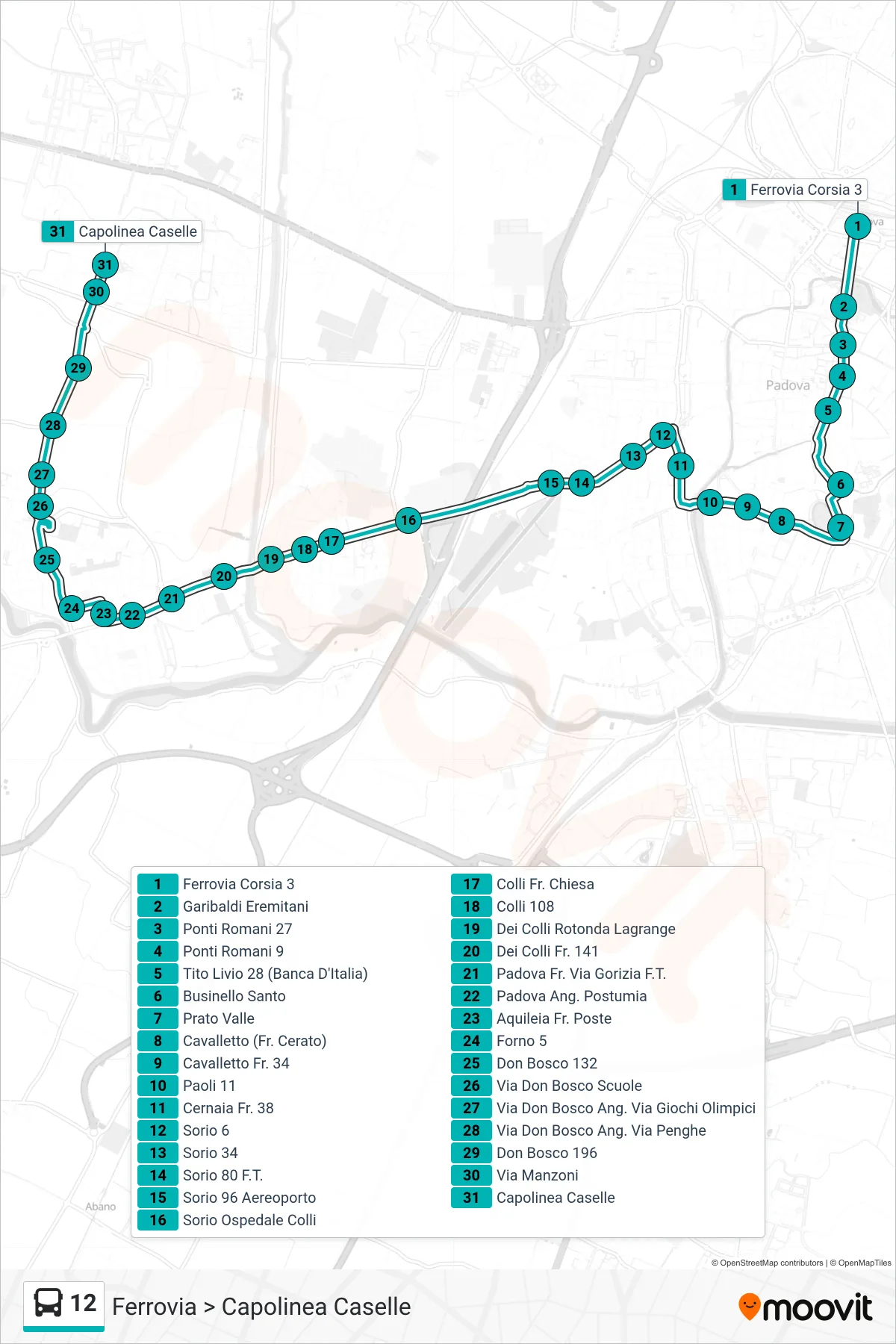 Linea 12  tram (Ferrovia > Capolinea Caselle) - Percorsi e fermate sulla mappa