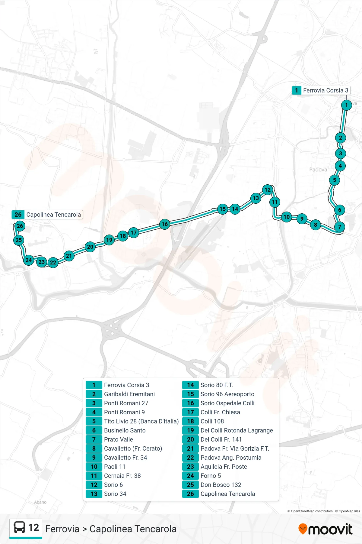 Linea 12 tram (Ferrovia > Capolinea Tencarola) - Percorsi e fermate sulla mappa