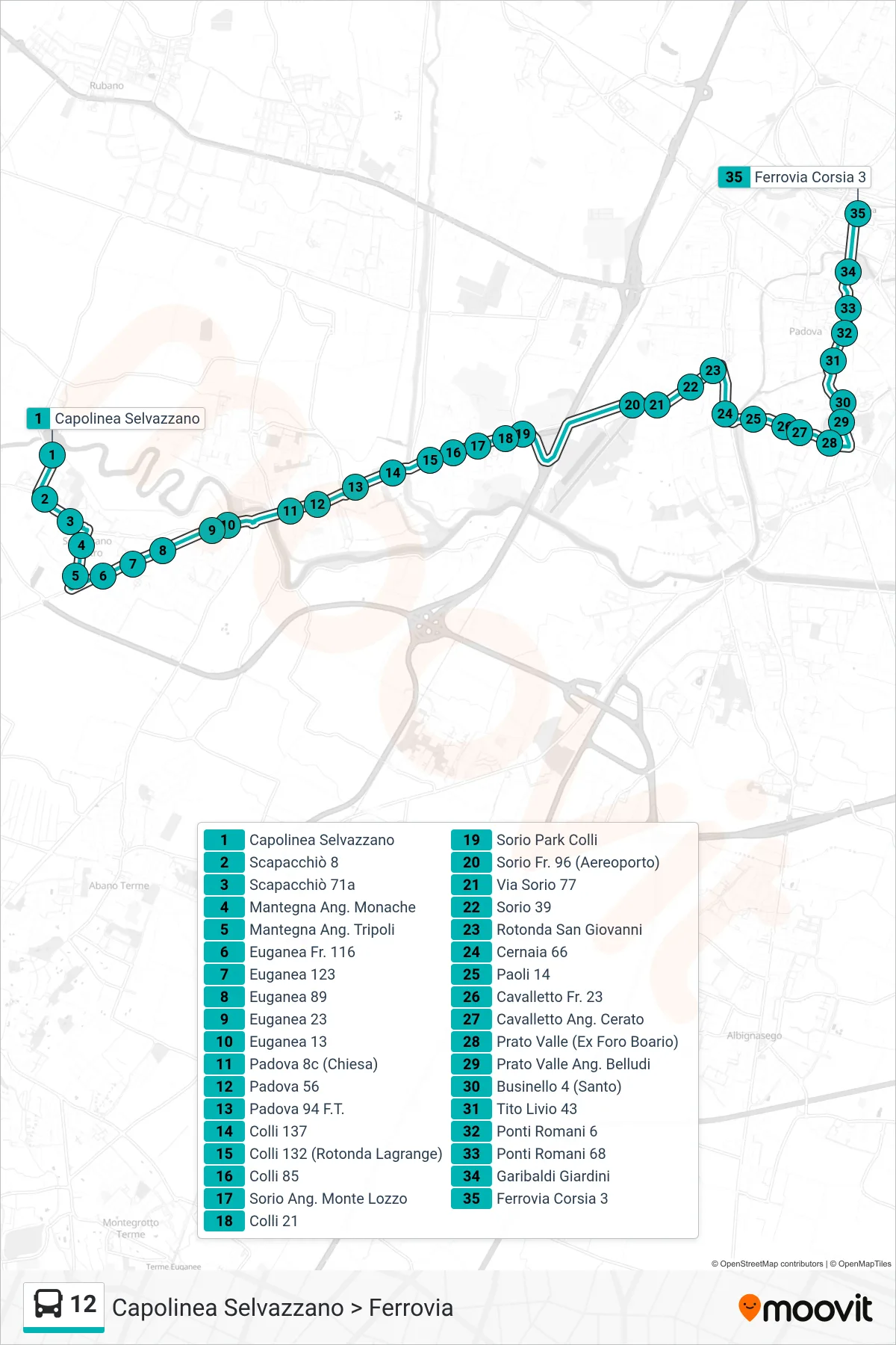 Linea 12 tram (Capolinea Selvazzano > Ferrovia) - Percorsi e fermate sulla mappa