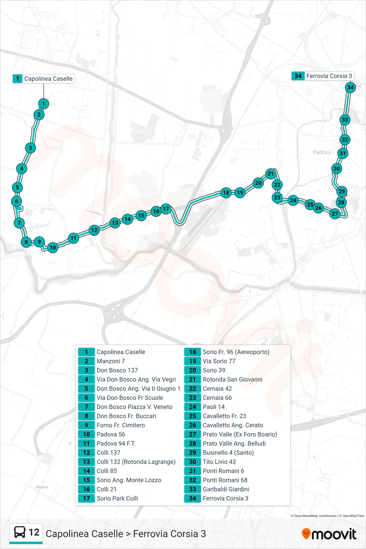 Linea 12 tram (Capolinea Caselle > Ferrovia Corsia 3) - Percorsi e fermate sulla mappa