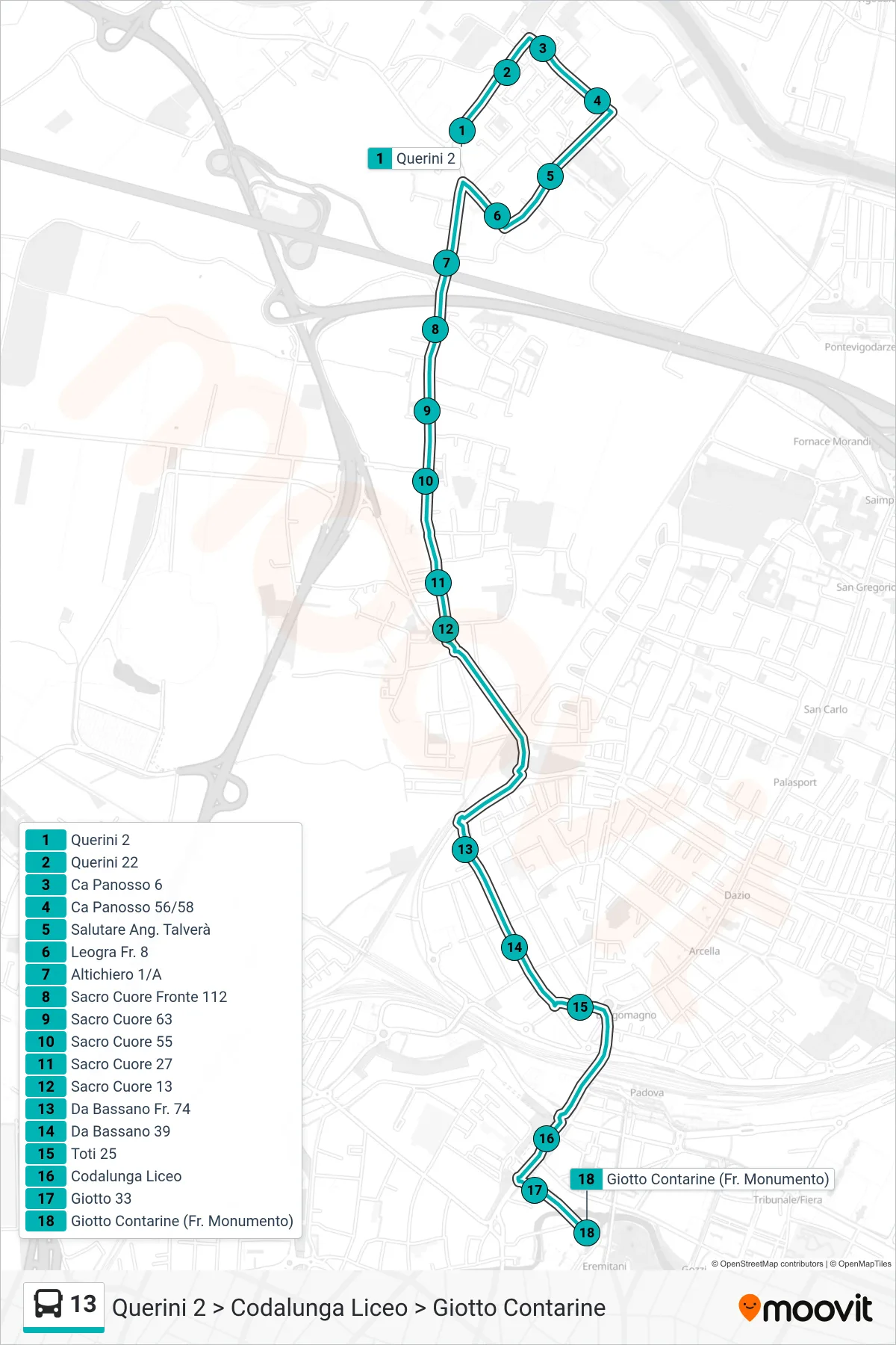 Linea 13 tram (Querini 2 > Codalunga Liceo > Giotto Contarine) - Percorsi e fermate sulla mappa