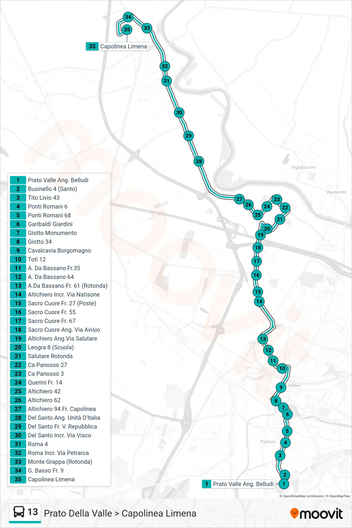 Linea 13  tram (Prato Della Valle > Capolinea Limena) - Percorsi e fermate sulla mappa