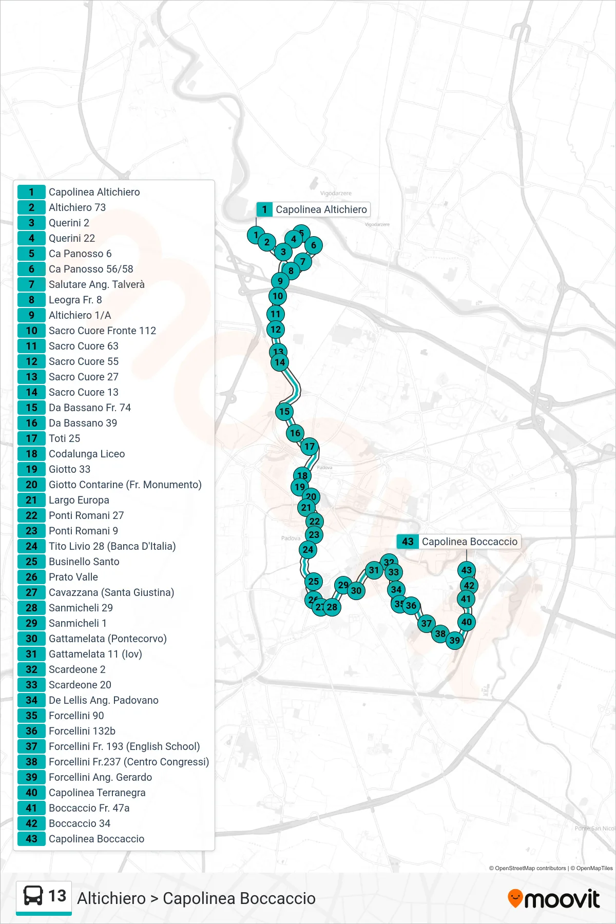 Linea 13 tram (Altichiero > Capolinea Boccaccio) - Percorsi e fermate sulla mappa