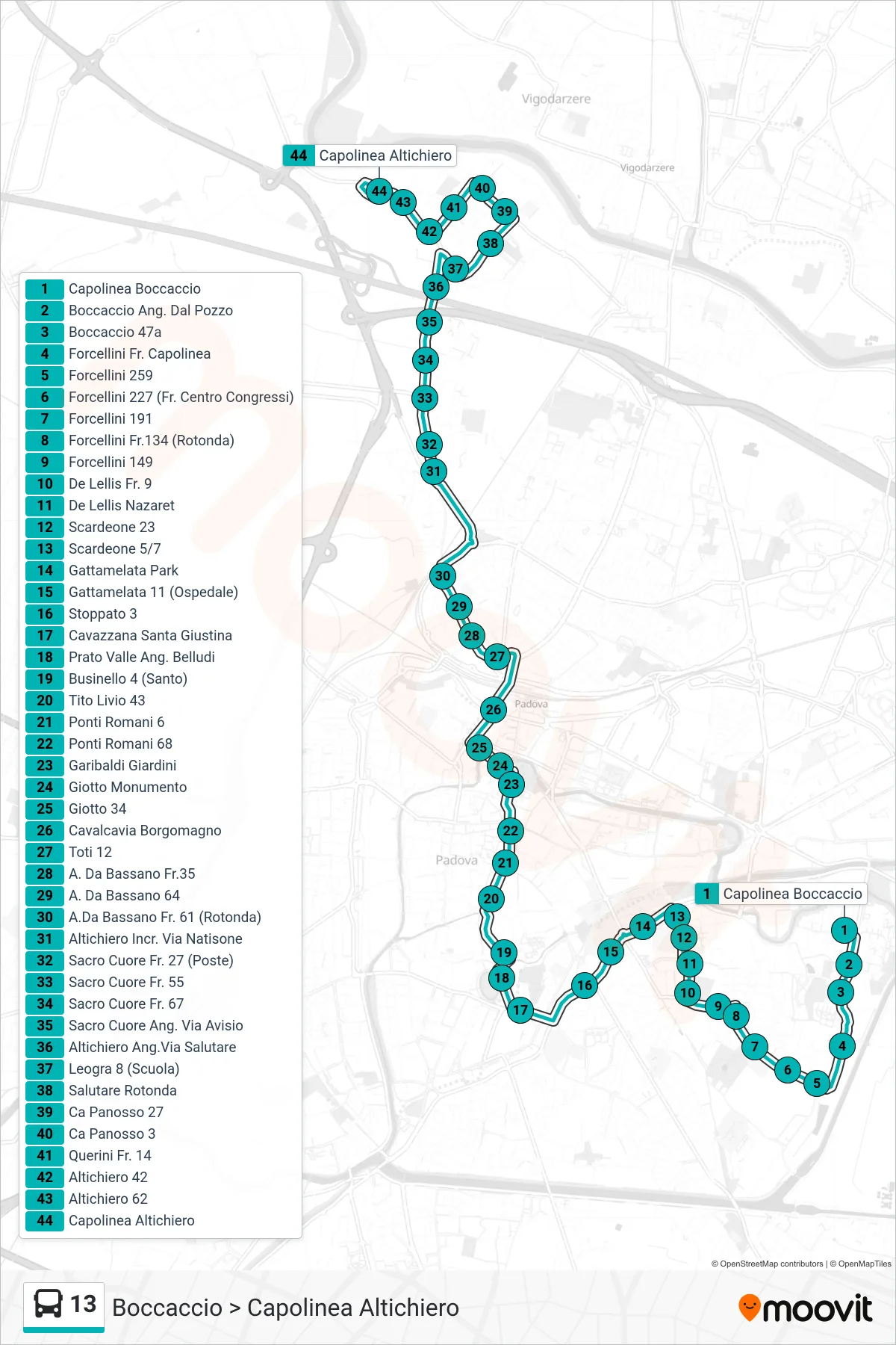 Linea 13 tram (Boccaccio > Capolinea Altichiero) - Percorsi e fermate sulla mappa