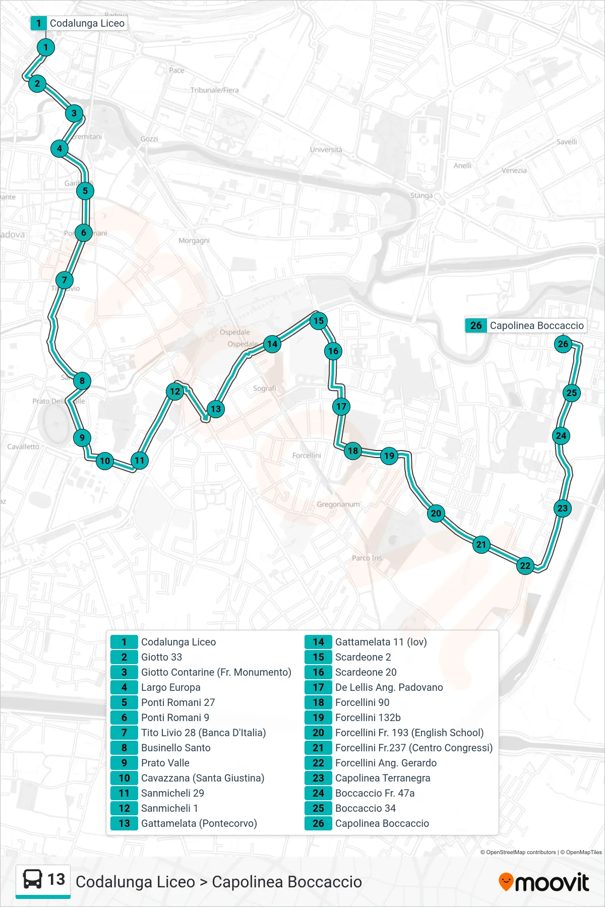 Linea 13 tram (Codalunga Liceo > Capolinea Boccaccio) - Percorsi e fermate sulla mappa