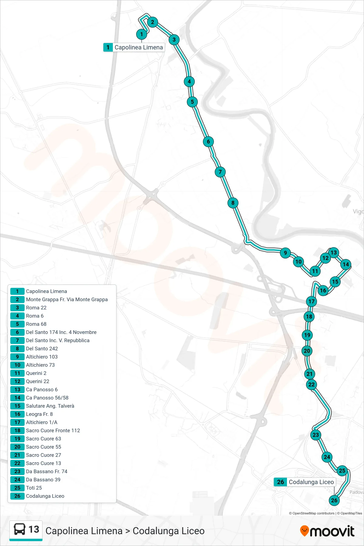 Linea 13 tram (Capolinea Limena > Codalunga Liceo) - Percorsi e fermate sulla mappa