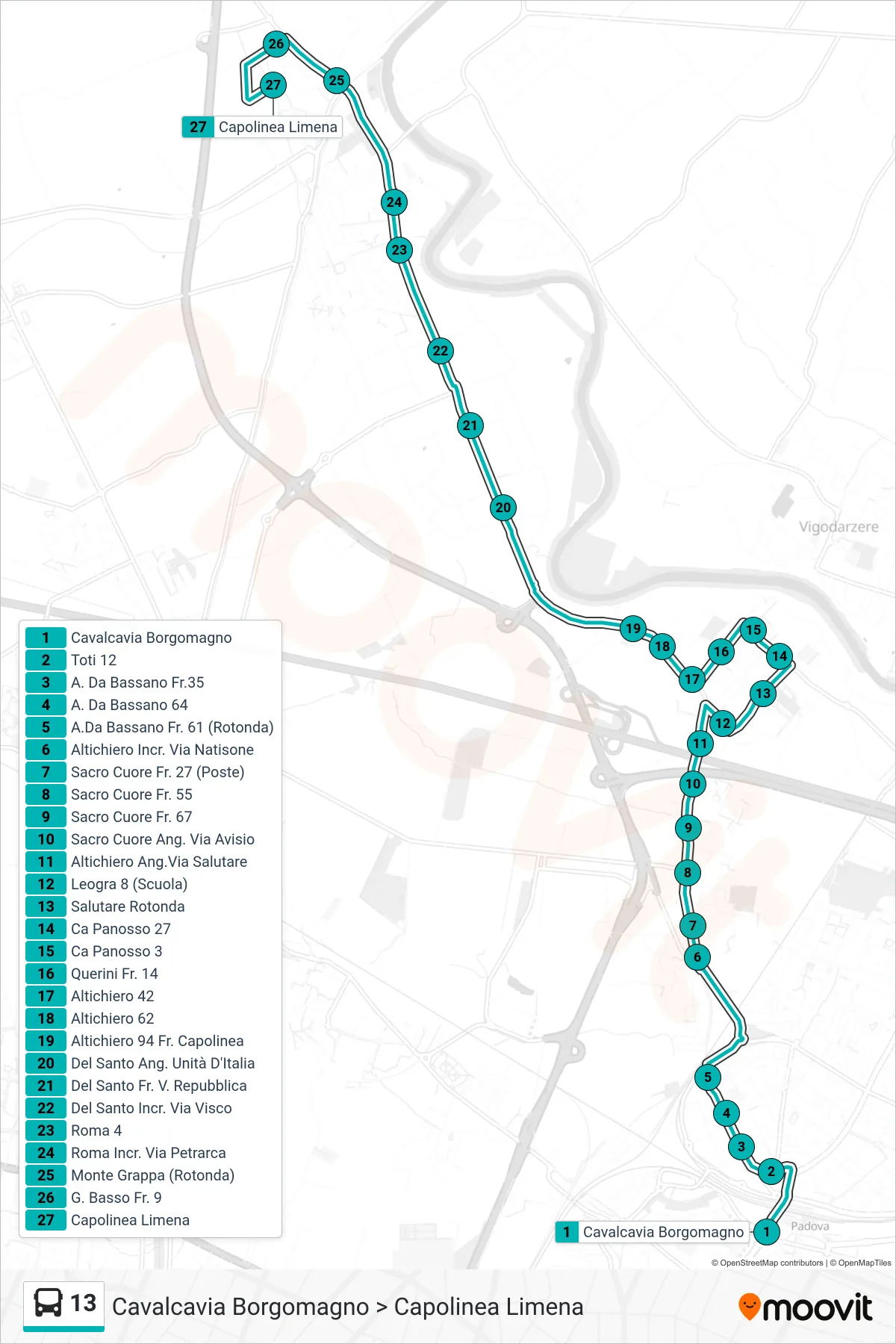 Linea 13 tram (Cavalcavia Borgomagno > Capolinea Limena) - Percorsi e fermate sulla mappa